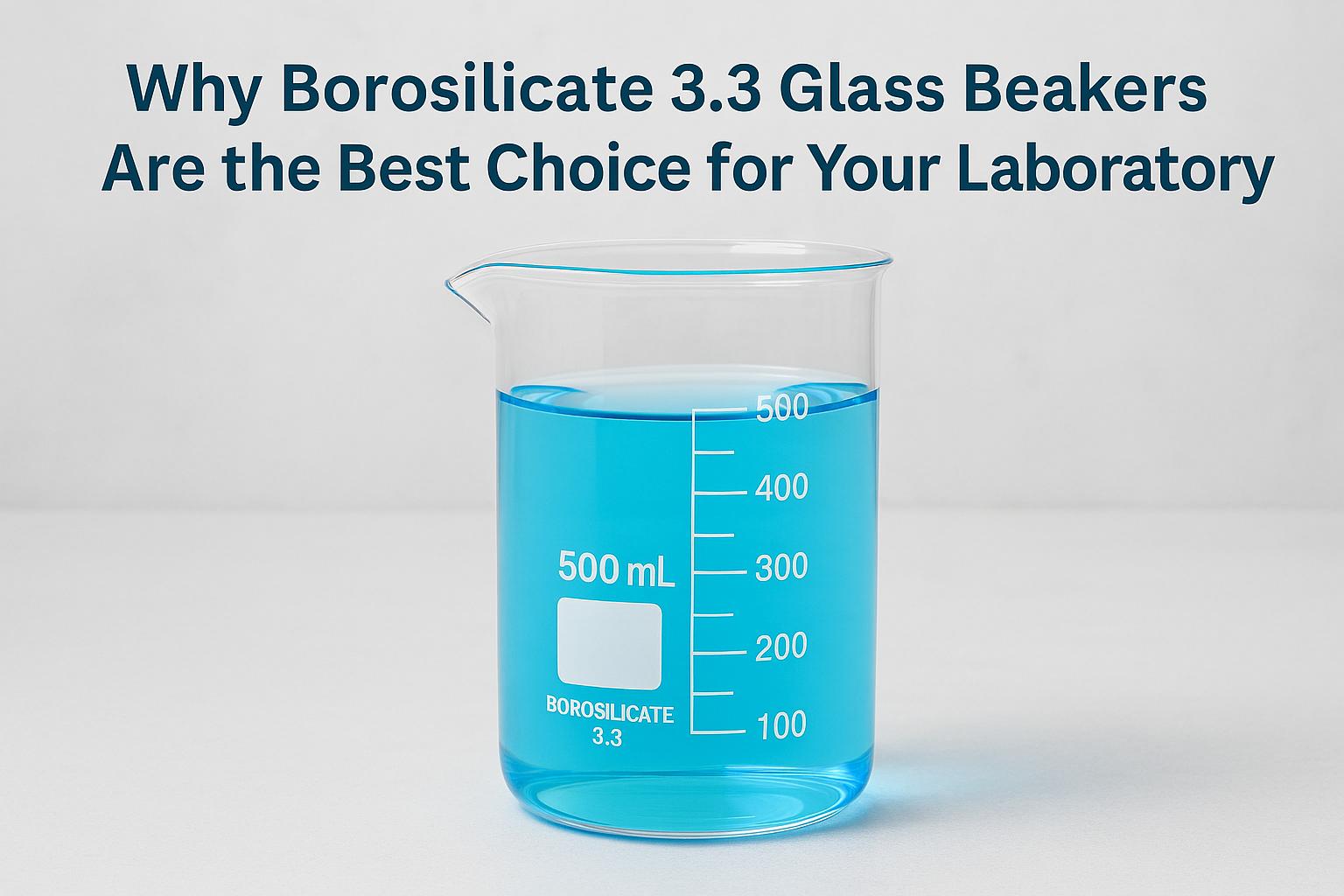 Borosilicate 3.3 glass beaker filled with blue liquid, featuring clear graduation marks and labeled 500 mL, ideal for laboratory glassware applications.