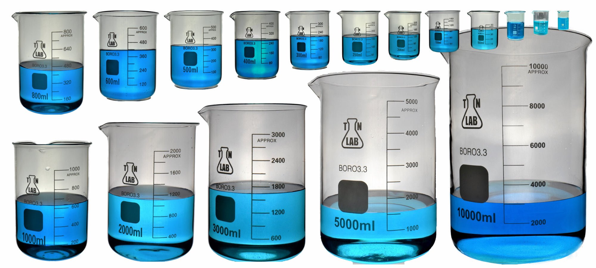 Beakers Glass Borosilicate Glass Low-Form 5ml to 10L - TN LAB Supply