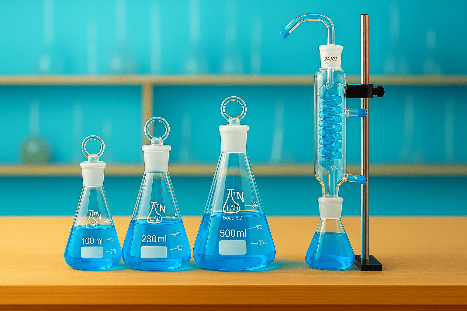 Jointed Laboratory Glass Dimroth Condensers Erlenmeyer Flasks Glass Stoppers - TN LAB Supply