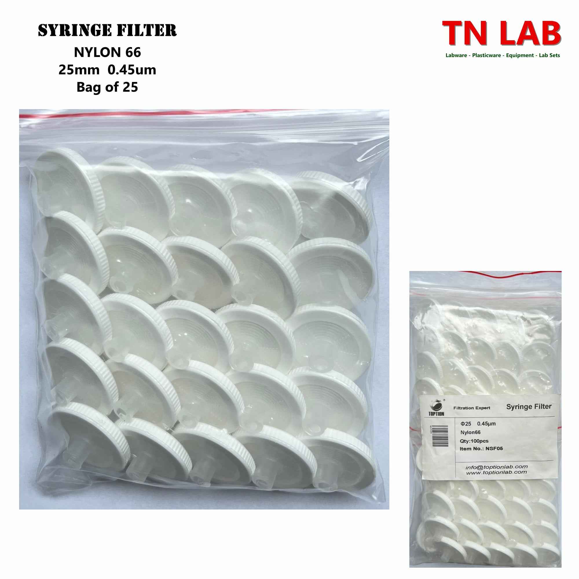 25mm Syringe Filters PES NYLON66 PTFE PVDF Hydrophilic Hydrophobic - TN LAB Supply