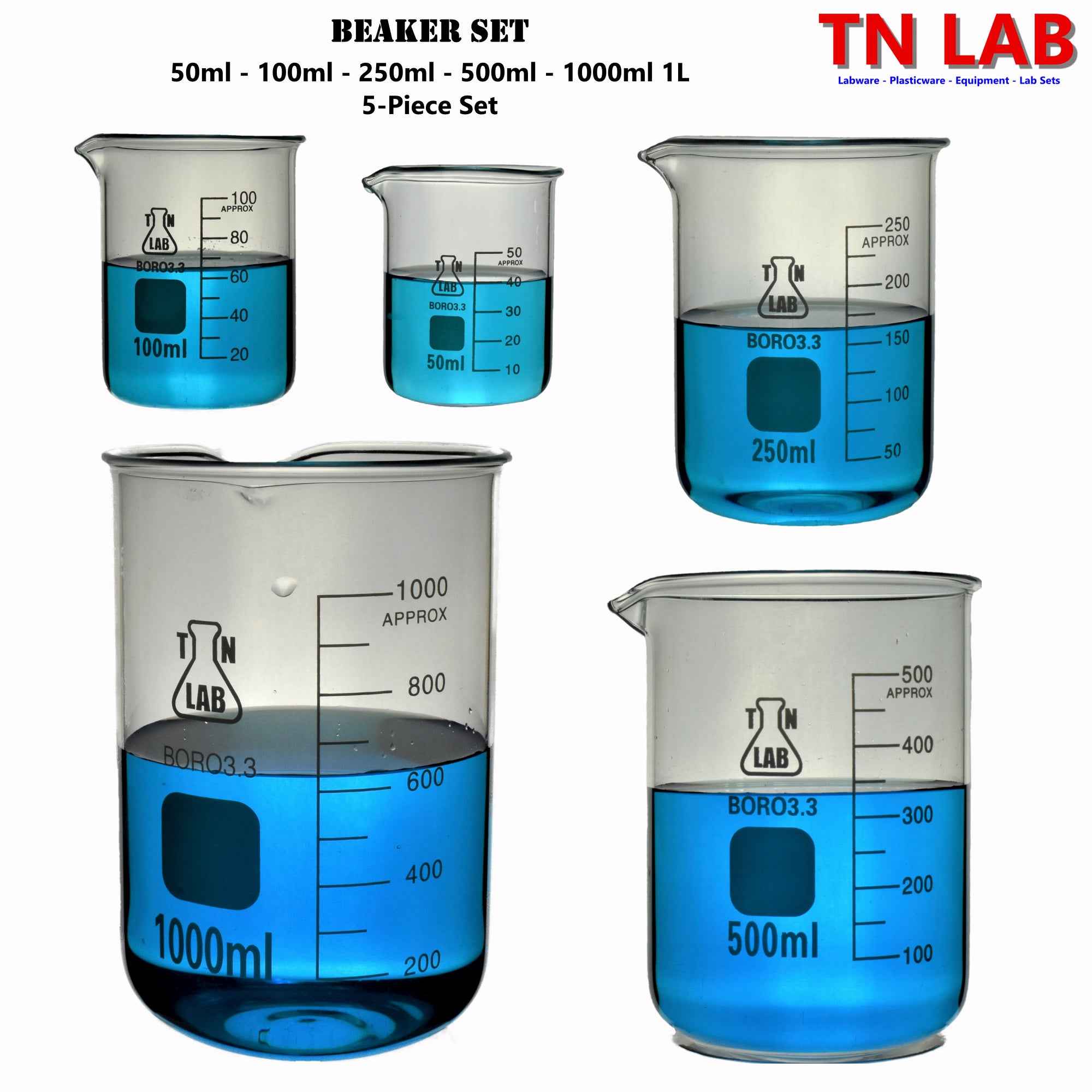 Beaker Set Borosilicate Glass 5-Piece SET 50ml-100ml-250ml-500ml-1000ml