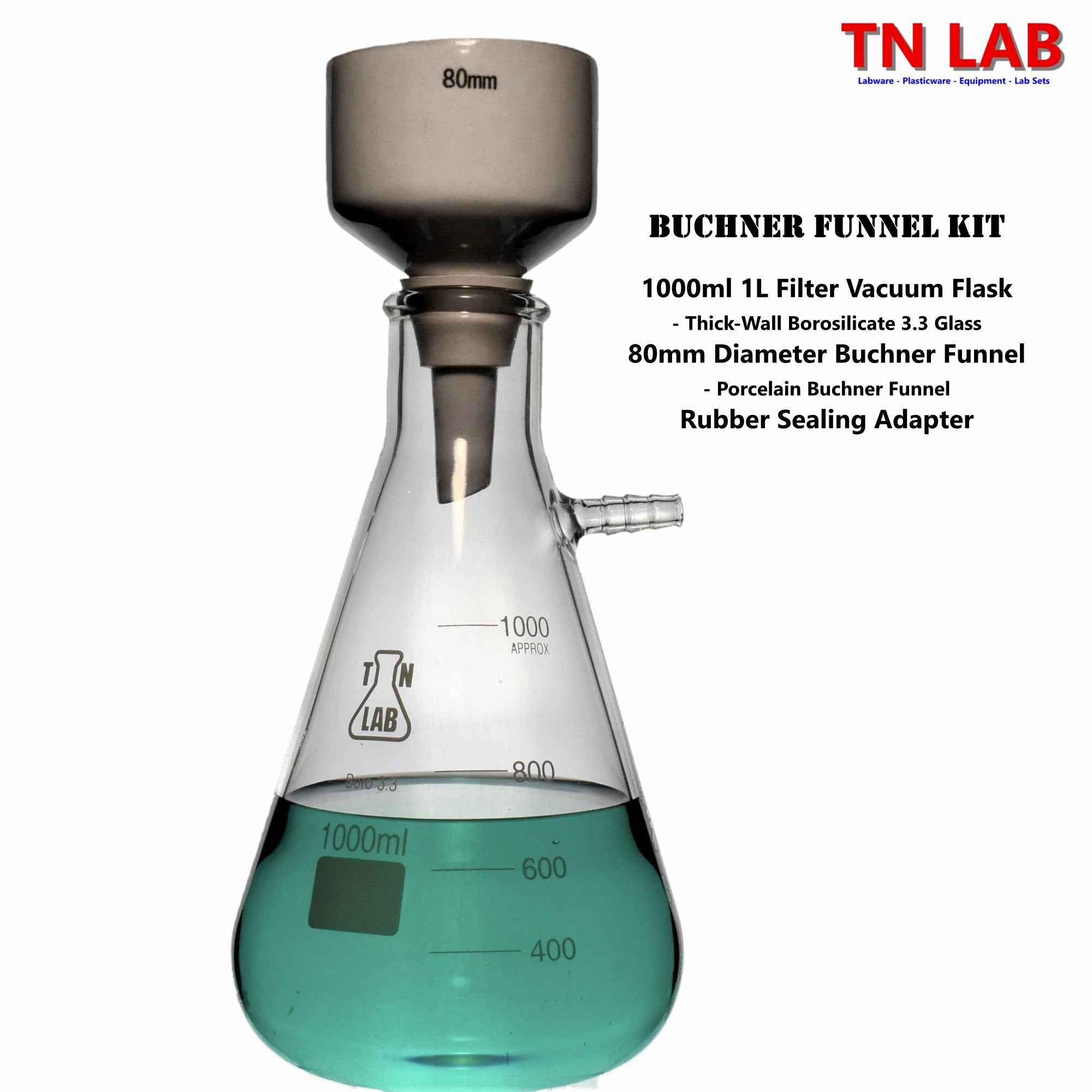Buchner Funnel Kit Filter Flask SET 080mm Funnel and 1000ml 1L Vacuum Flask