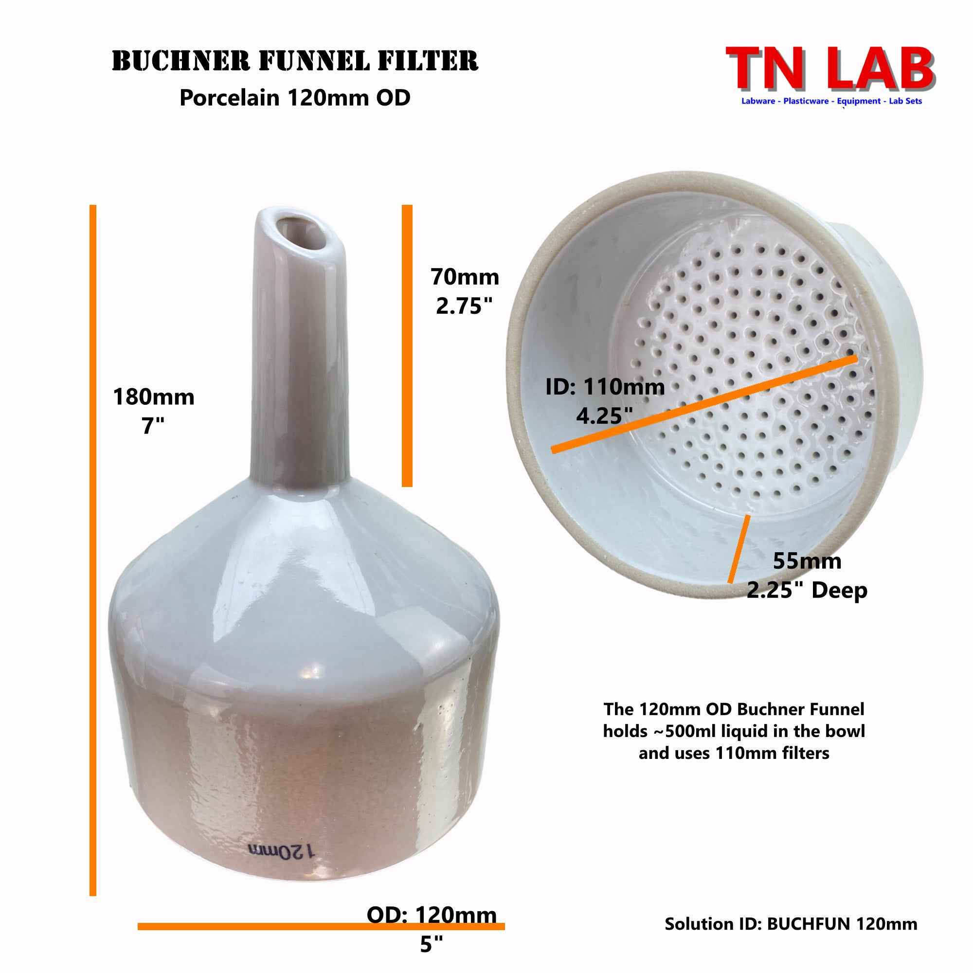 Buchner Funnel Porcelain Vacuum Filter Funnel 120mm - 12cm