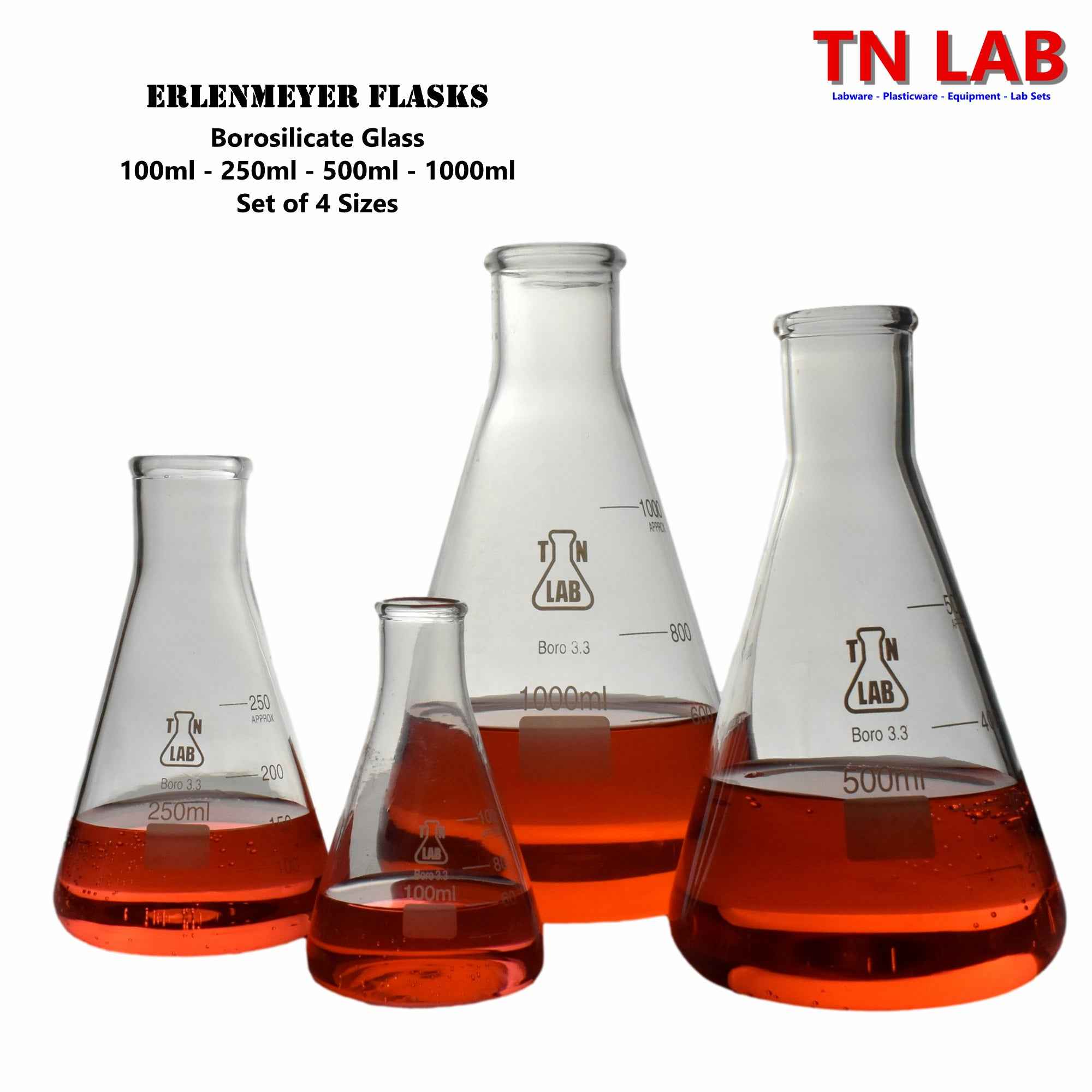 Erlenmeyer Flask Borosilicate Glass Conical Flask 4-Piece SET (100-250-500-1000 ml)