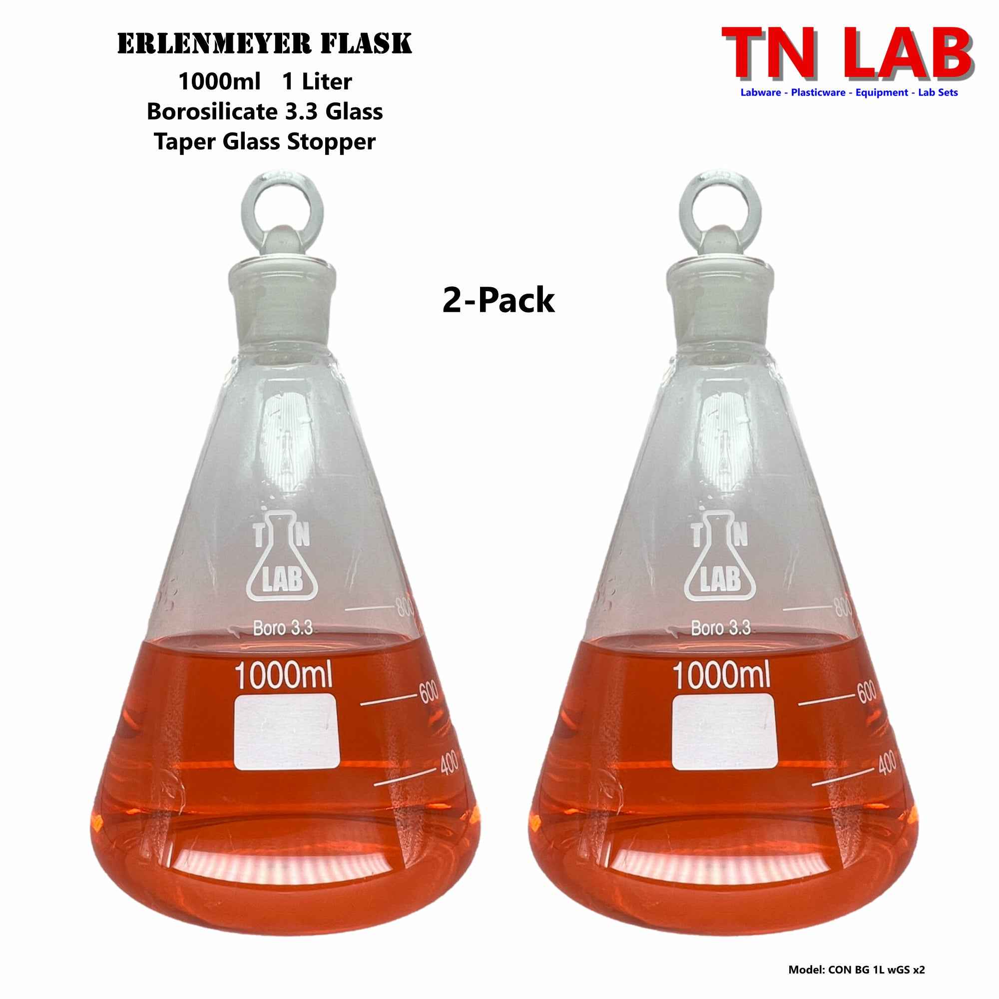Erlenmeyer Flask 1000ml 1L Borosilicate 3.3 Glass with 24/25 Jointed Glass Stopper