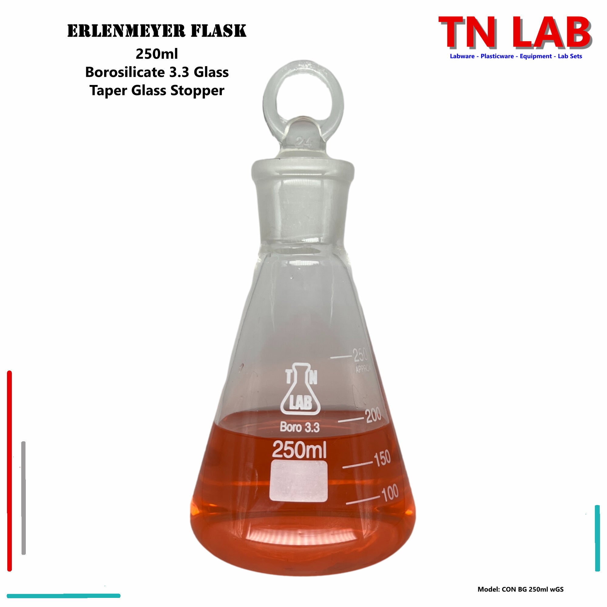Erlenmeyer flask with red liquid and 'TN LAB' branding on a white background