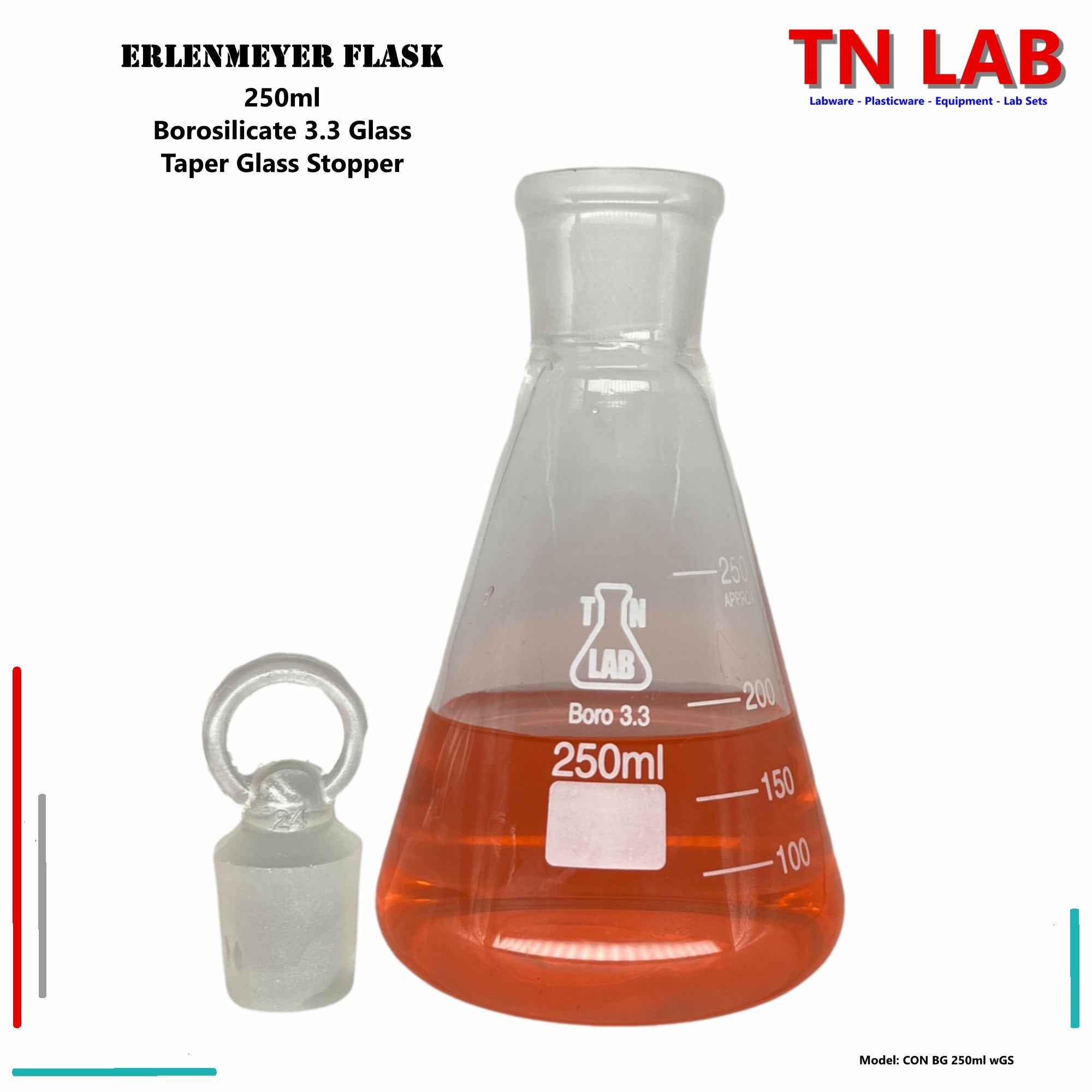 TN LAB Erlenmeyer Flask SET of 4 Flasks with Jointed Glass Stoppers 100ml 250ml 500ml 1000ml