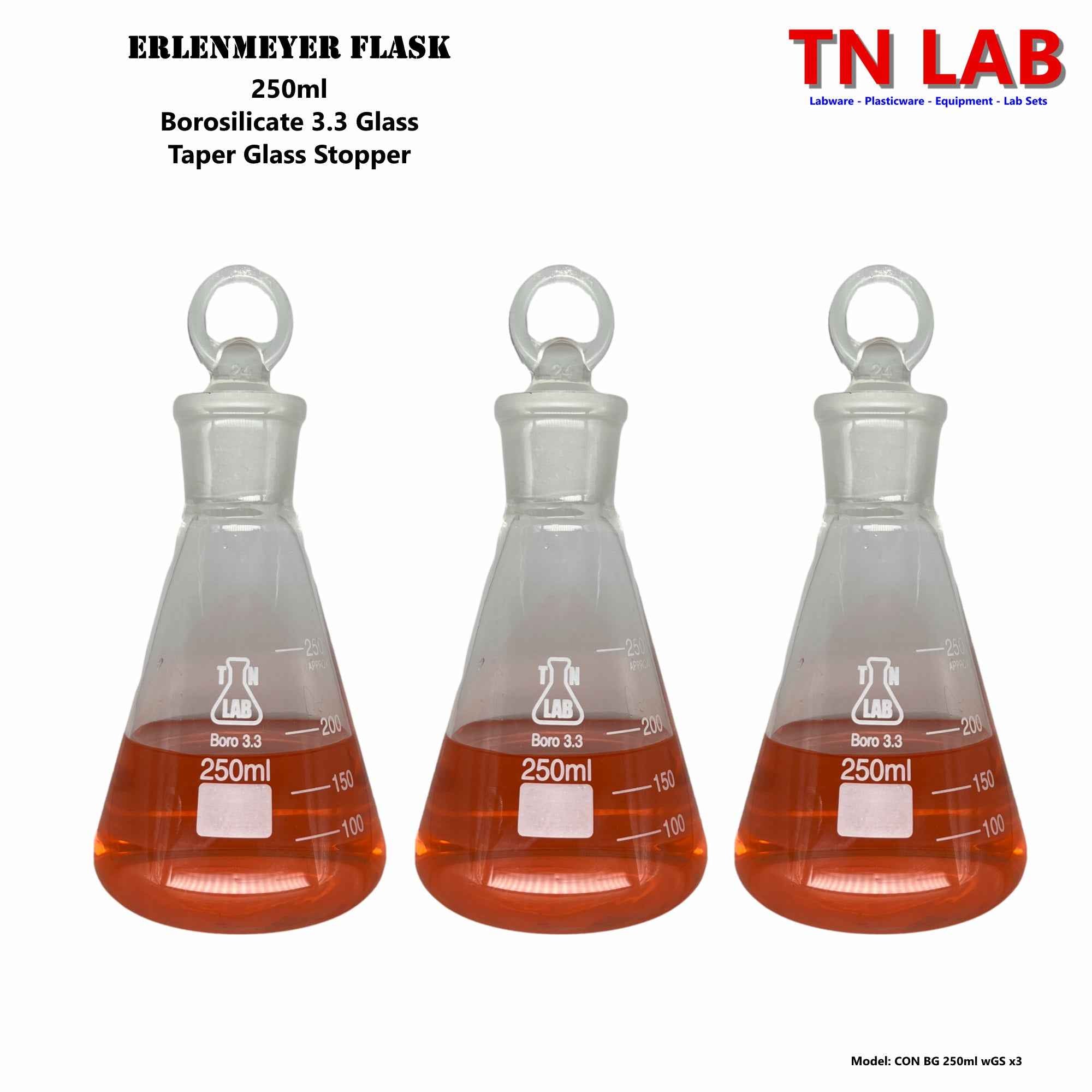 Erlenmeyer Flask 250ml Borosilicate 3.3 Glass with 24/25 Jointed Glass Stopper