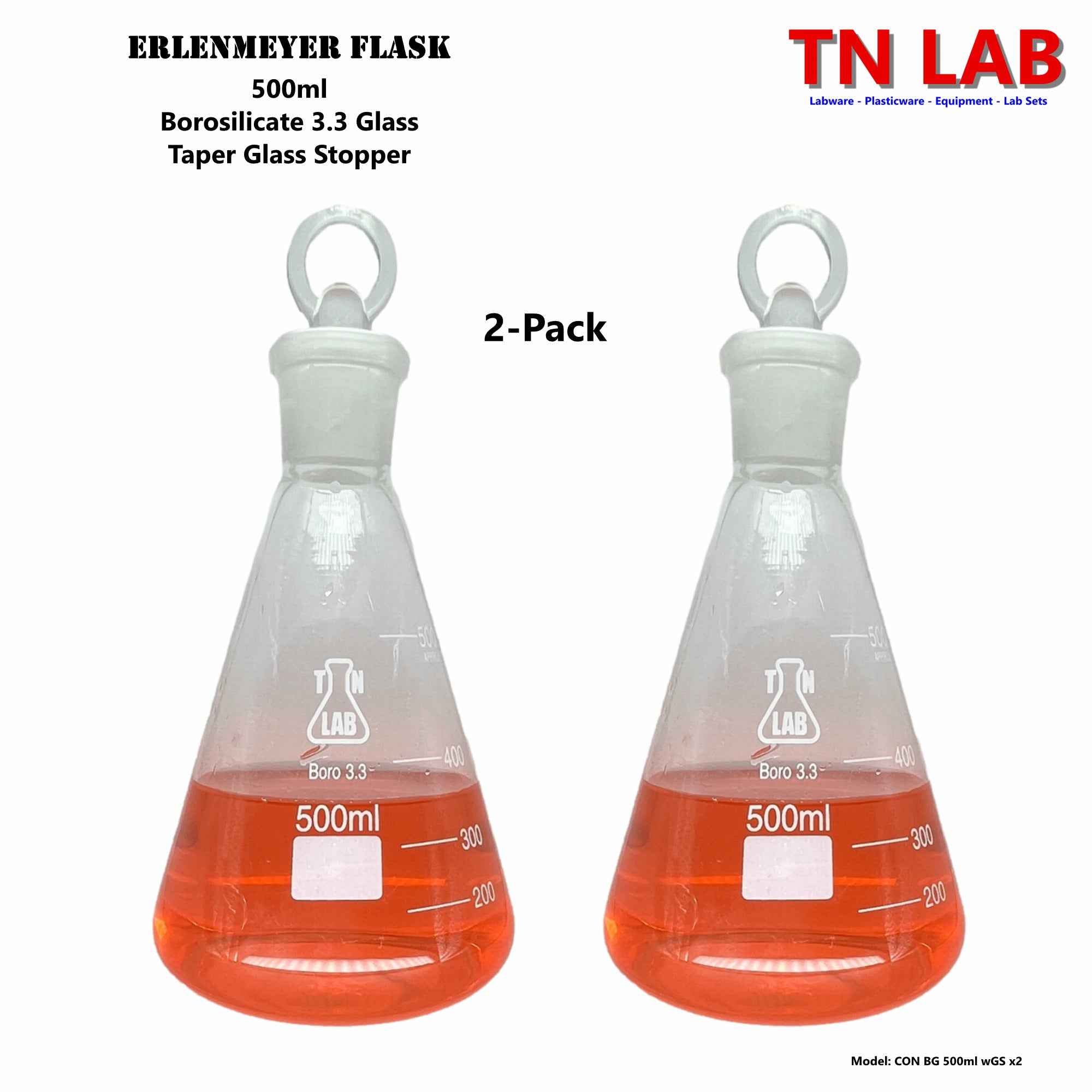 Erlenmeyer Flask 500ml Borosilicate 3.3 Glass with 24/25 Jointed Glass Stopper