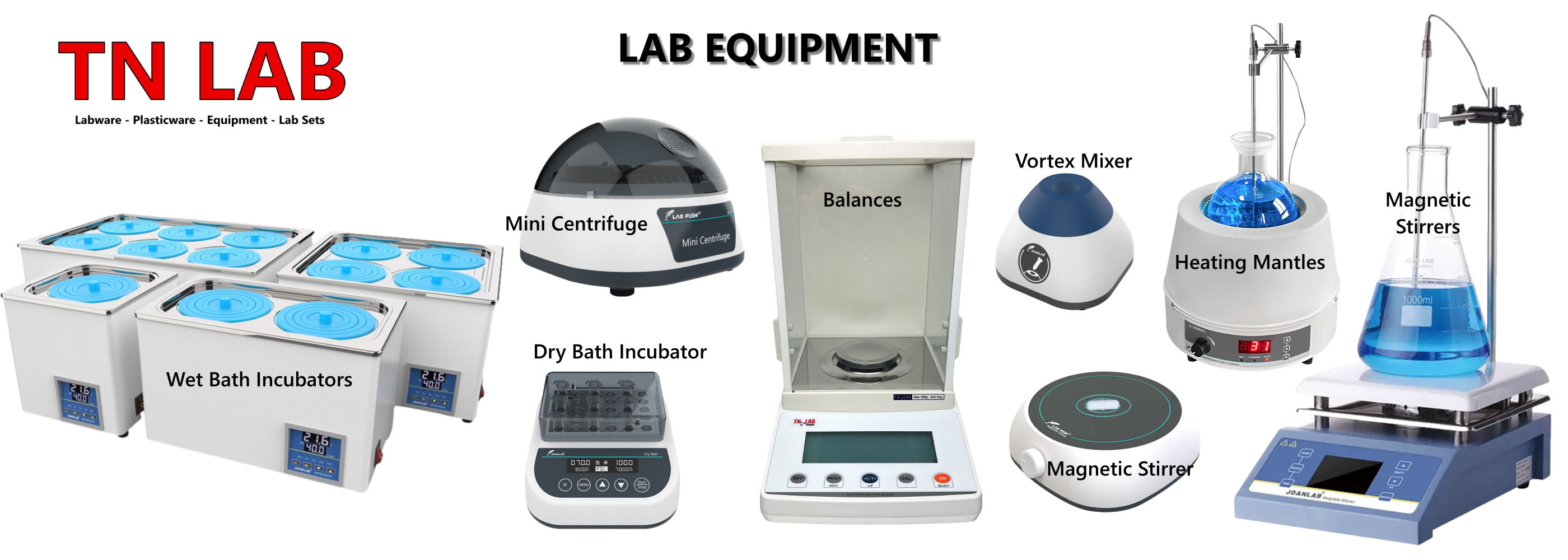 TN LAB equipment including wet bath incubators, mini centrifuge, balances, vortex mixer, heating mantle, and magnetic stirrer.