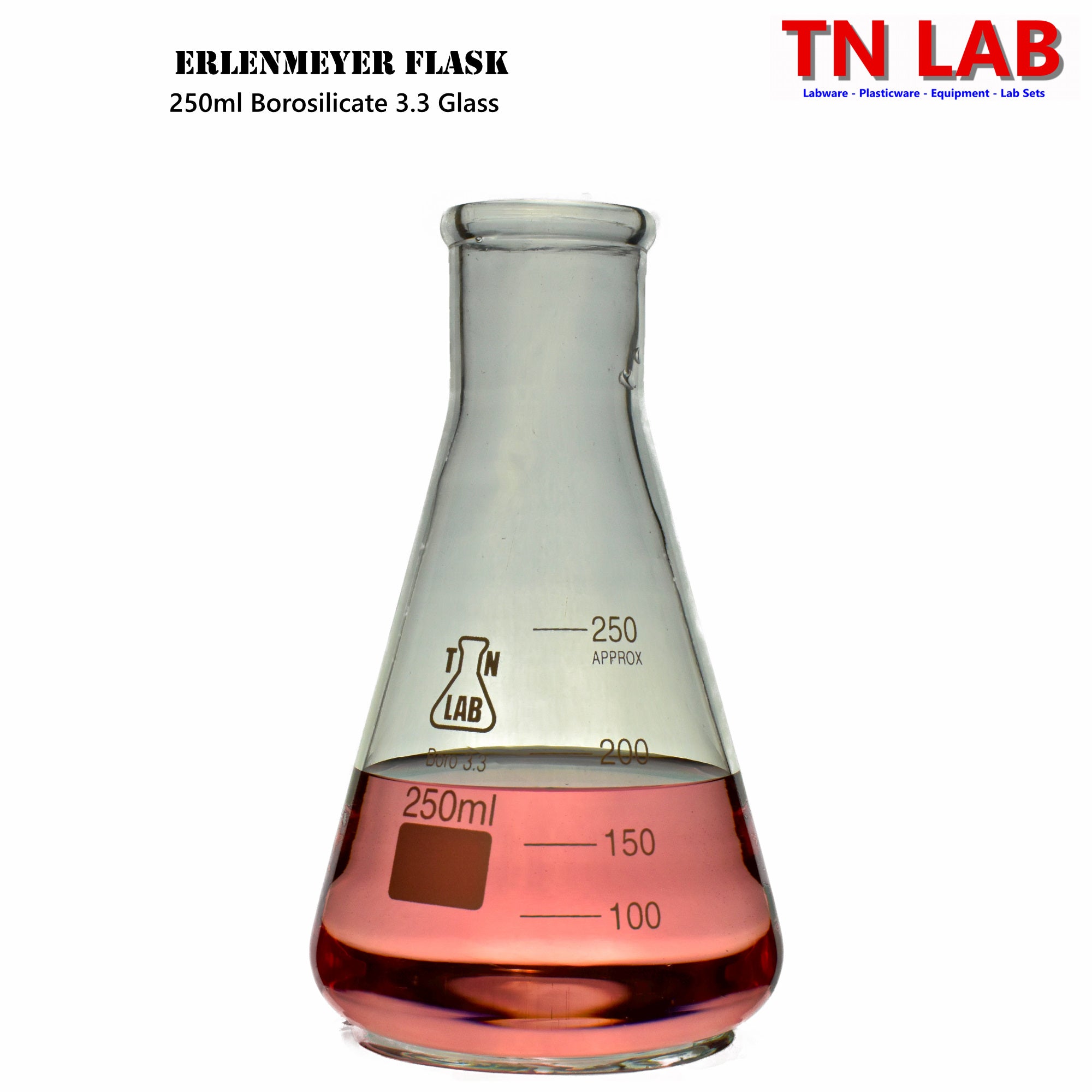 Erlenmeyer Flask Borosilicate Glass Conical Flask 3 - Piece SET (100 - 250 - 500ml) with Rubber Stoppers - TN LAB Supply