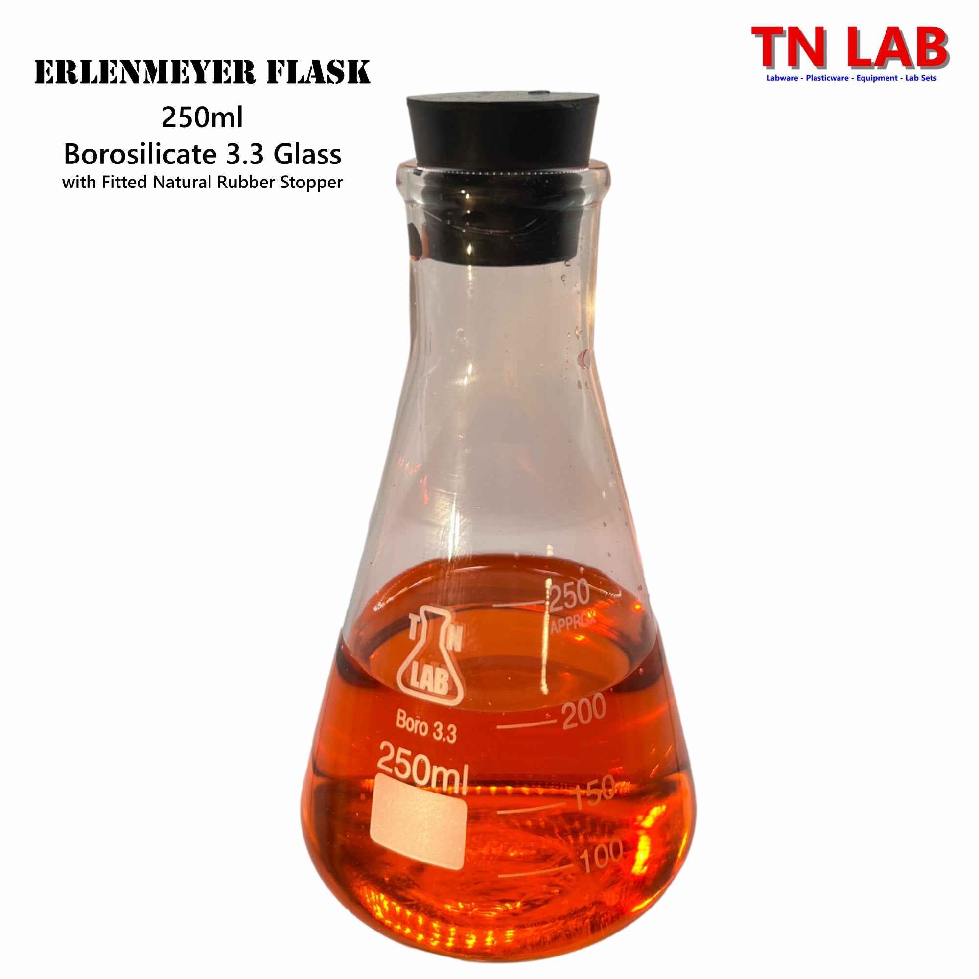 Erlenmeyer Flask Borosilicate 3.3 Glass w-Rubber Stopper Family