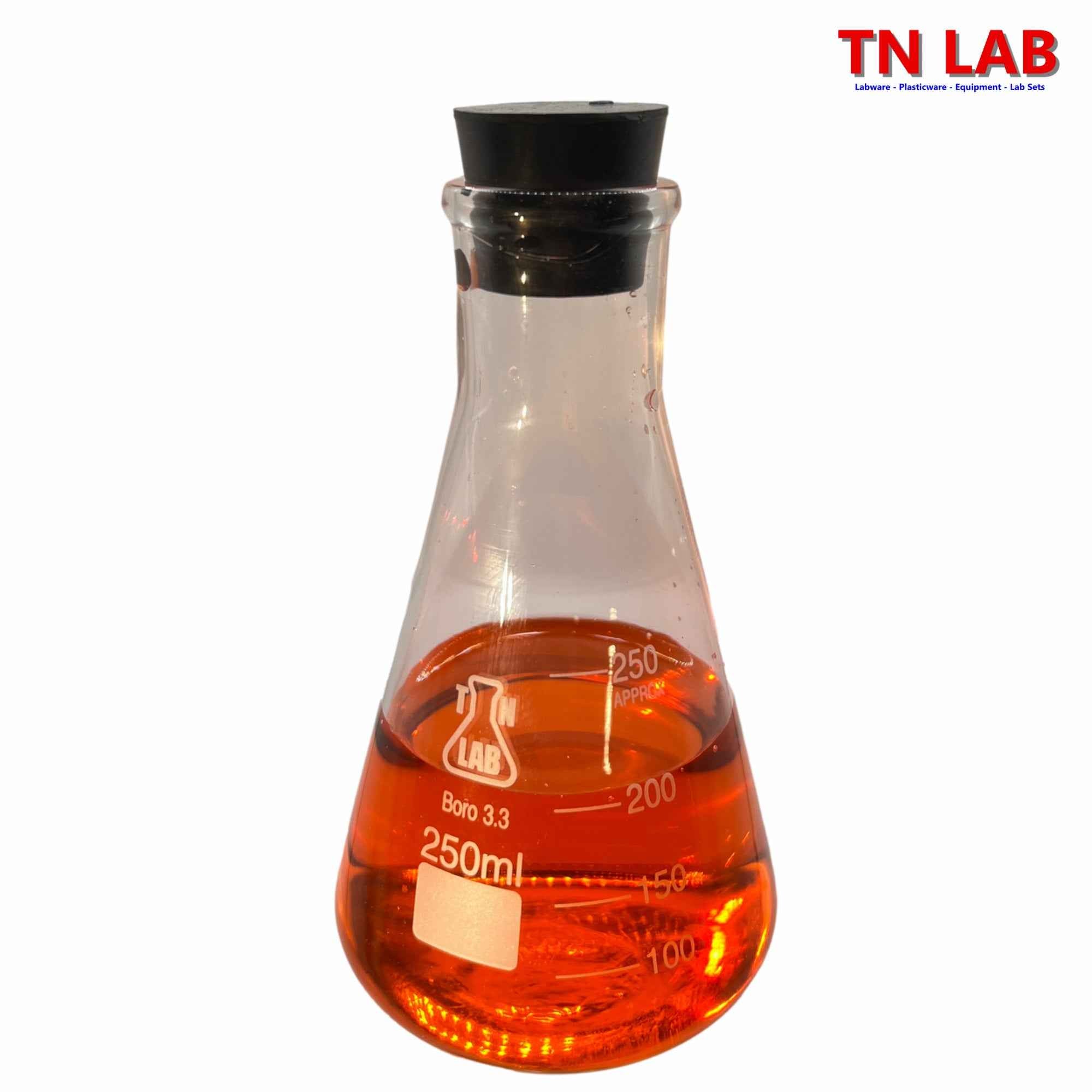 Erlenmeyer Flask Borosilicate 3.3 Glass 250ml w-Rubber Stopper