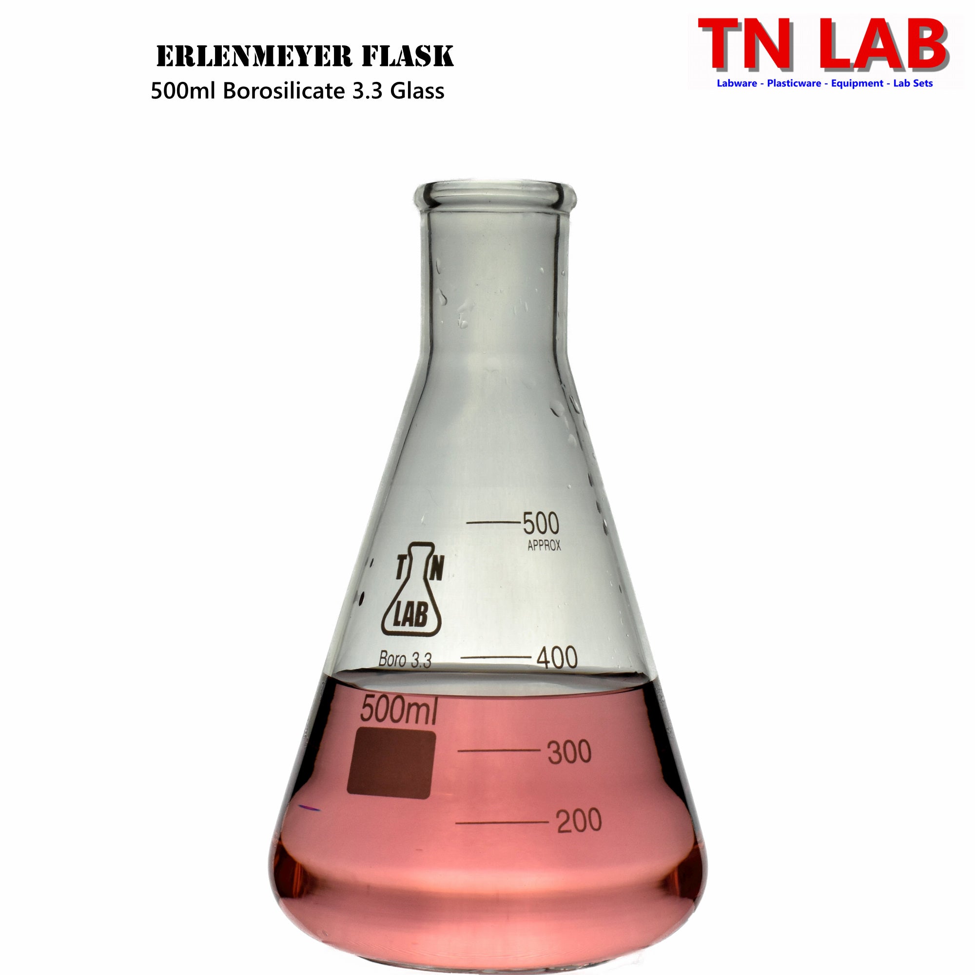 Erlenmeyer Flask Borosilicate Glass Conical Flask 3 - Piece SET (100 - 250 - 500ml) with Rubber Stoppers - TN LAB Supply