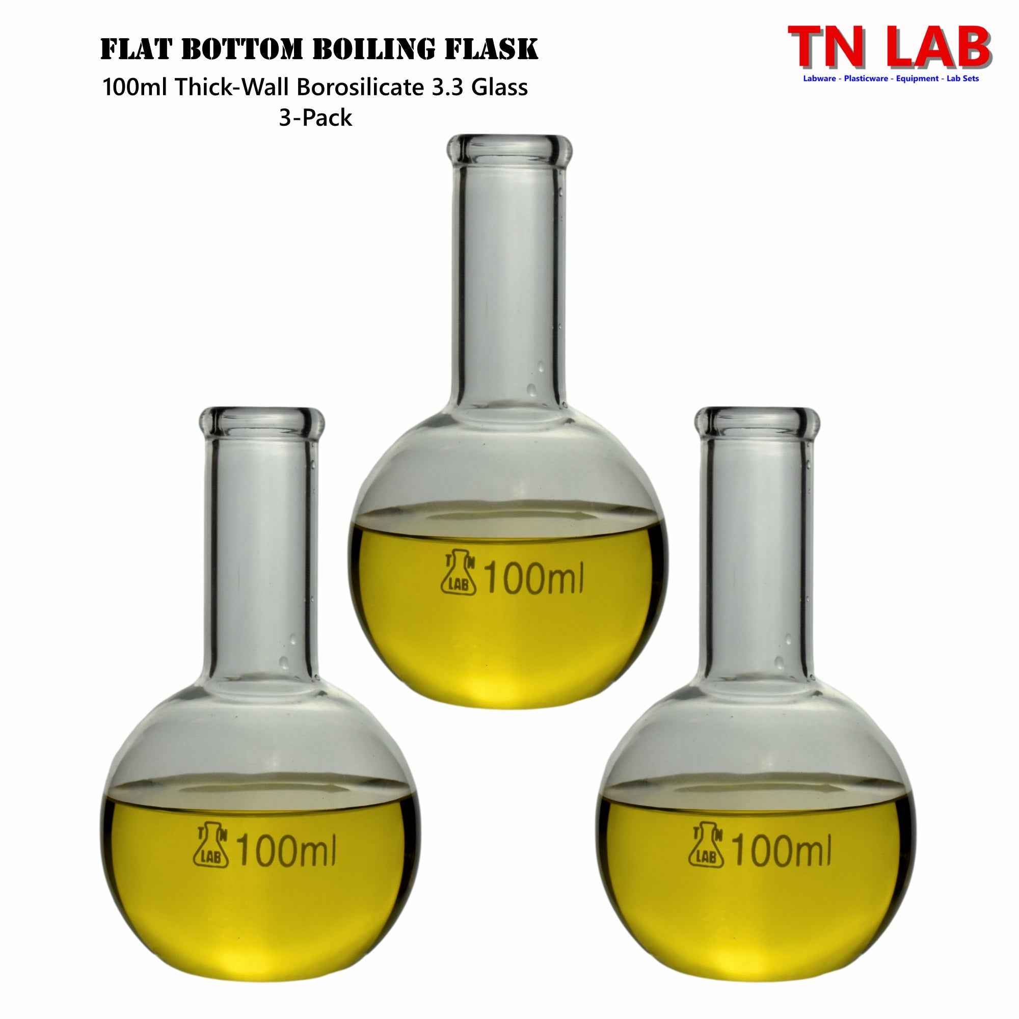 Flat Bottom Boiling Flask Florence Flask Borosilicate Glass 100ml 3-Pack & 6-Pack