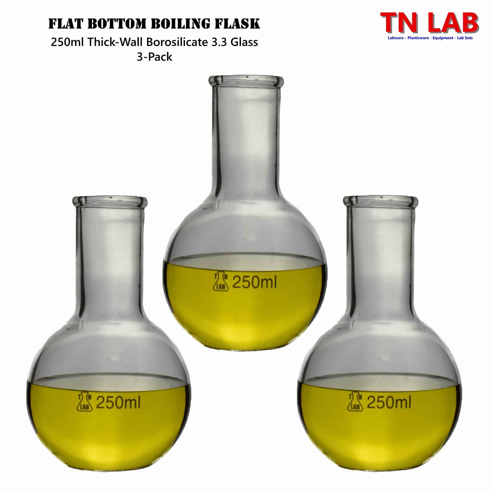 Flat Bottom Boiling Flask Florence Flask Borosilicate Glass 250ml 3-Pack
