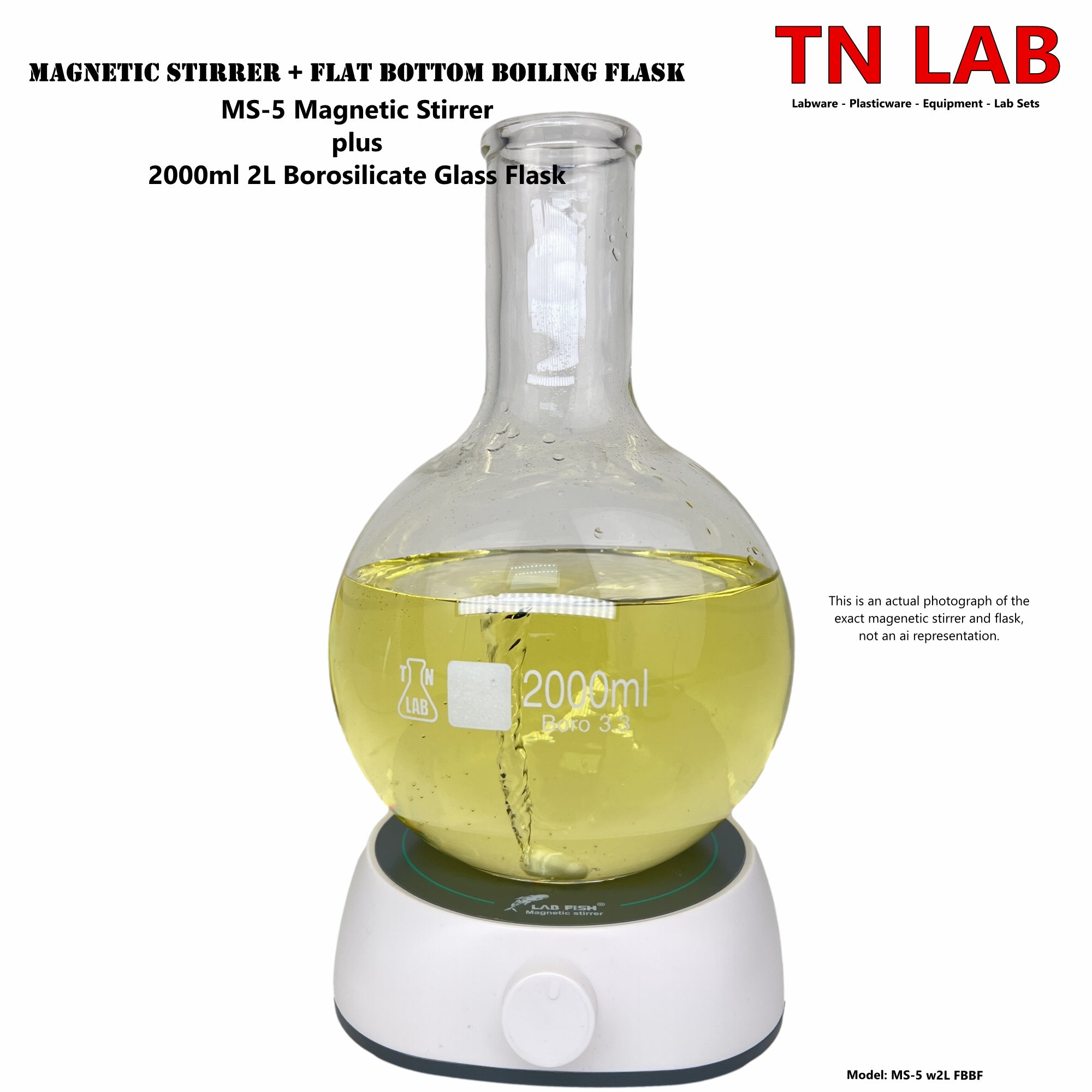 TN LAB Supply MS-5 Magnetic Stirrer with Flat Bottom Boiling Flask 2000ml 2 Liter Borosilicate Glass