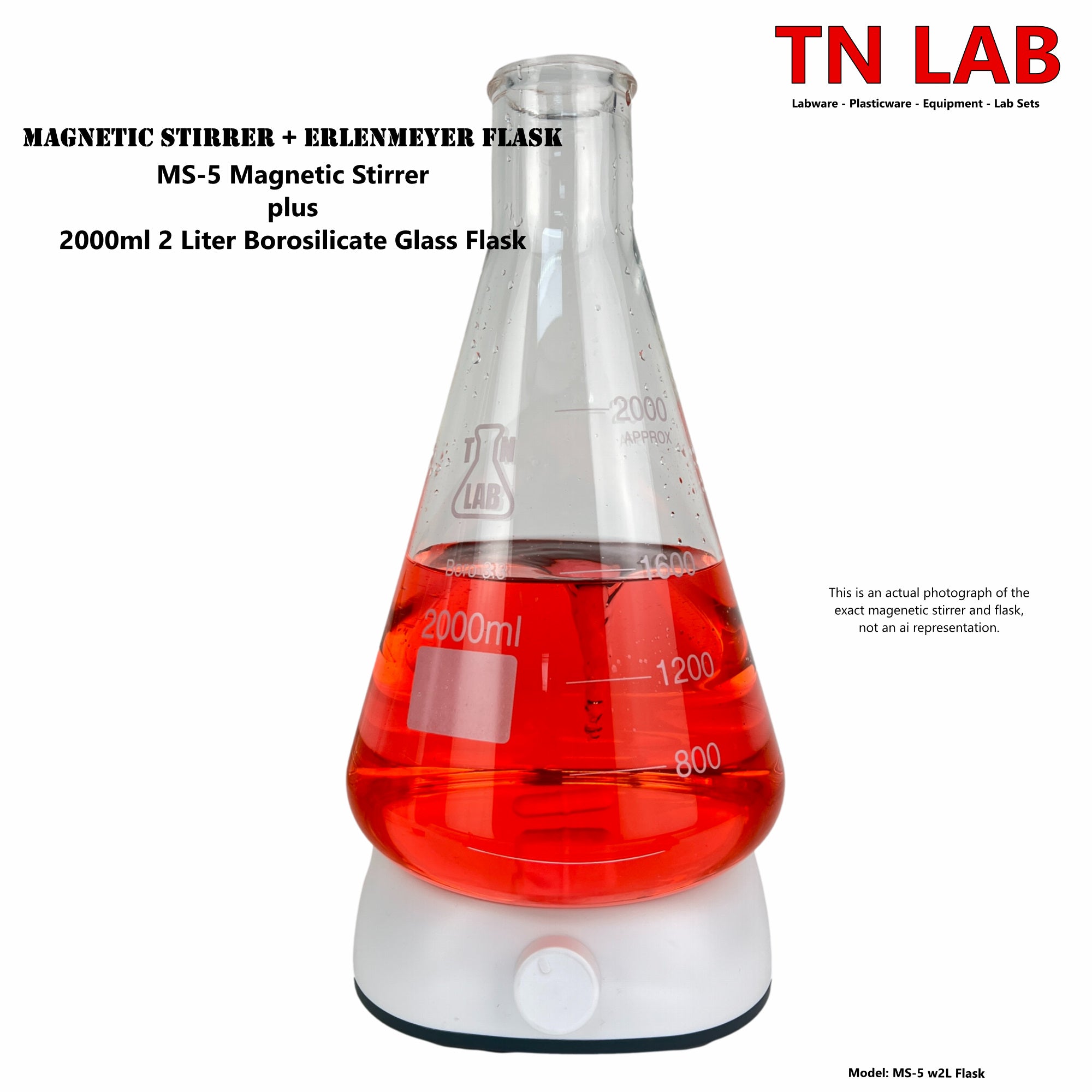 TN LAB Supply MS-5 Magnetic Stirrer with Erlenmeyer Flask 2000ml 2 Liter Borosilicate Glass