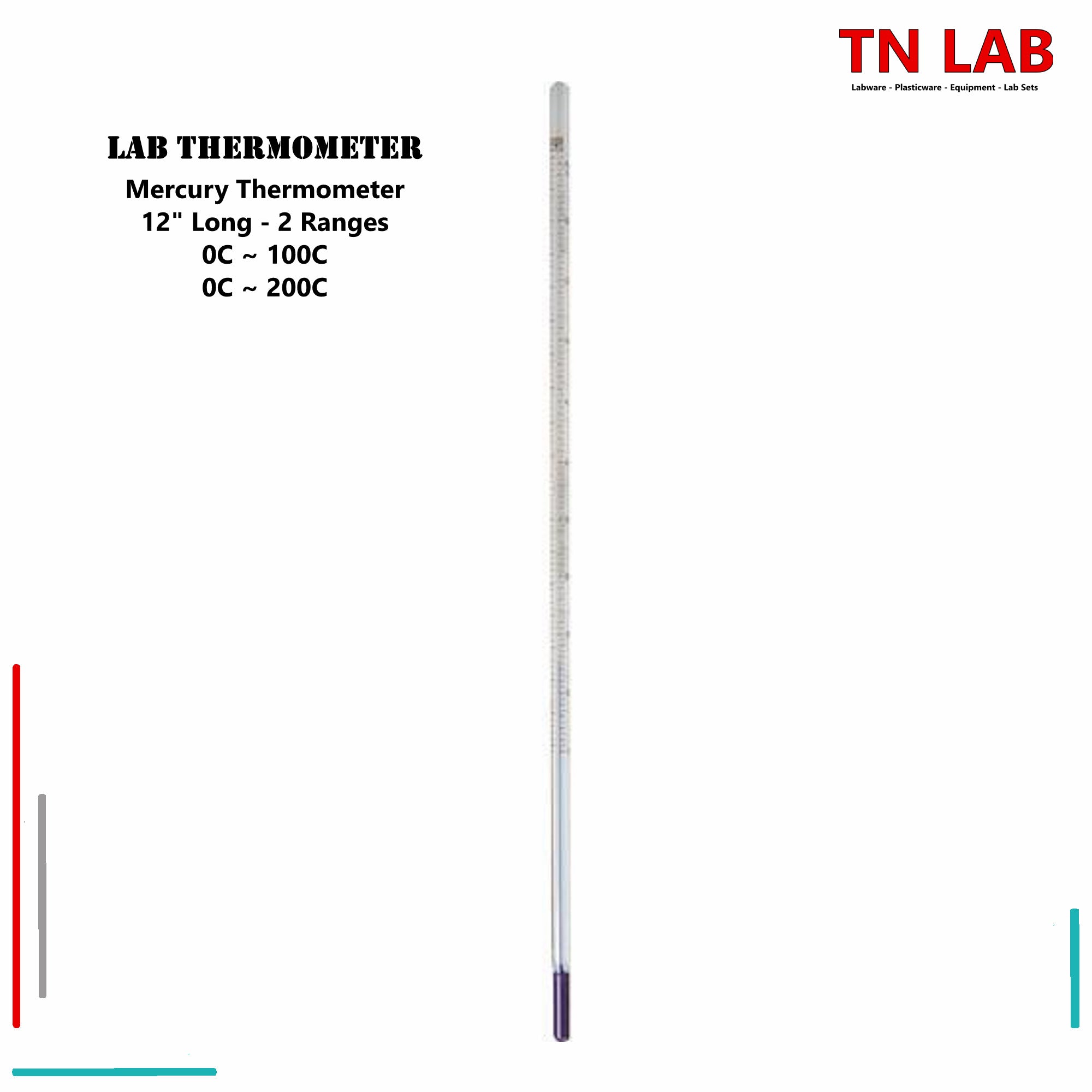 TN LAB Supply Thermometer 0-100C and 0-200C Mercury Thermometers 12"