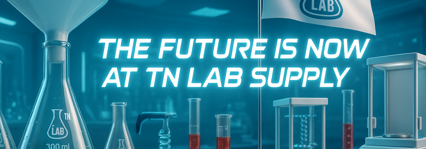 TN Lab Supply Laboratory Equipment Laboratory Glassware with lab supplies and 'The Future is Now at TN Lab Supply' text.