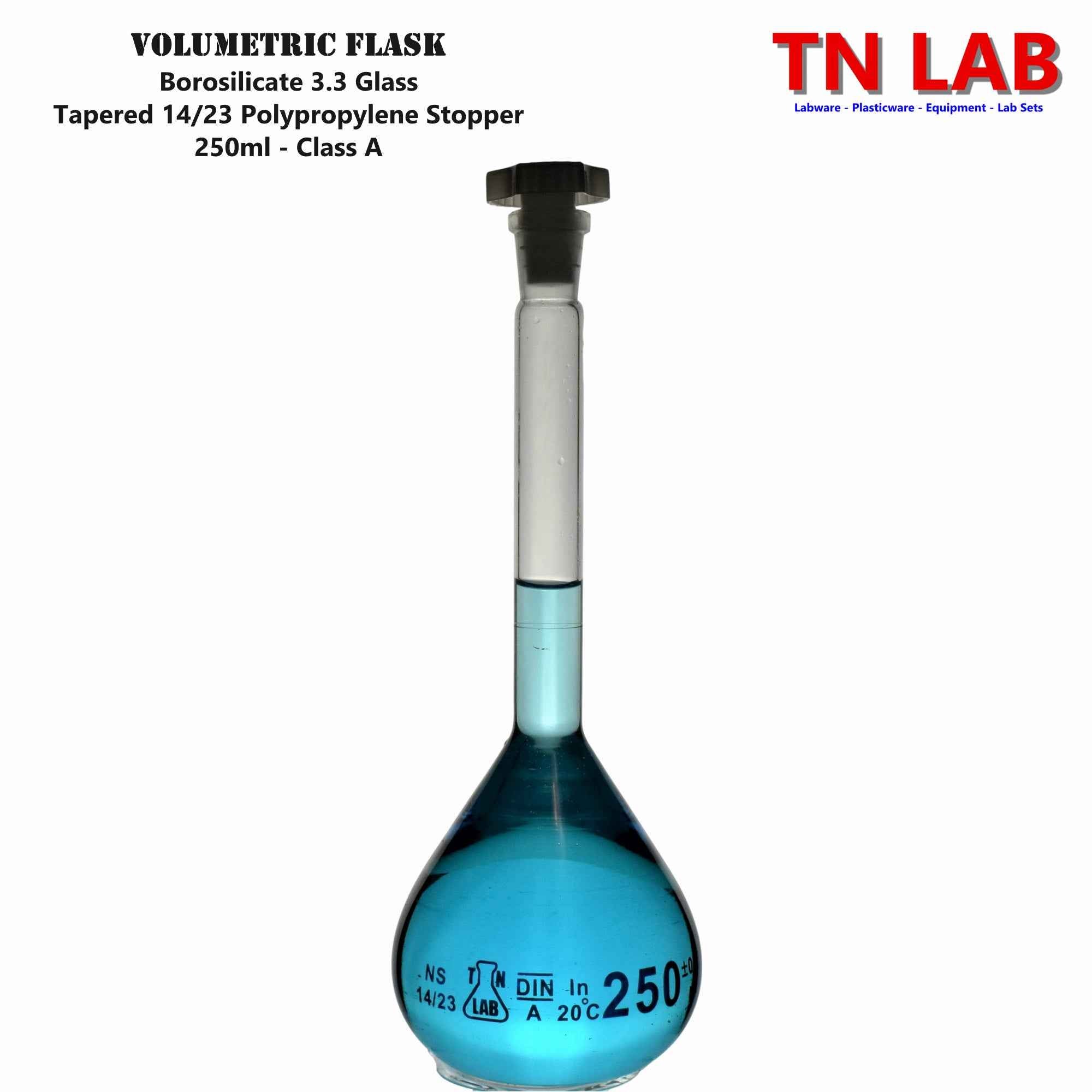 Volumetric Flask 250ml Borosilicate Glass Class A Precision ISO 1042 14/23 Joint