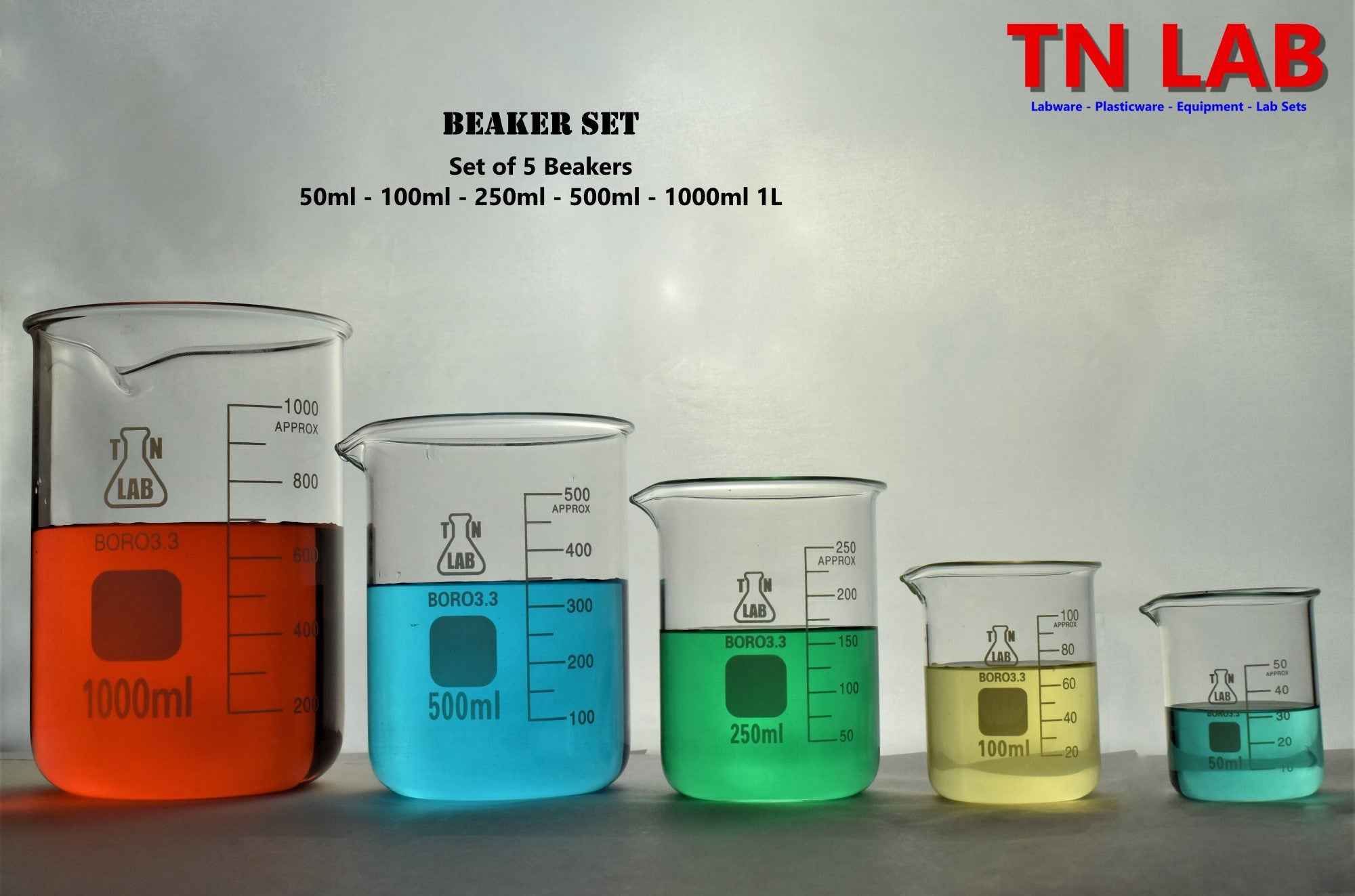 Beaker Set Borosilicate Glass 5 - Piece SET 50ml - 100ml - 250ml - 500ml - 1000ml - TN LAB Supply