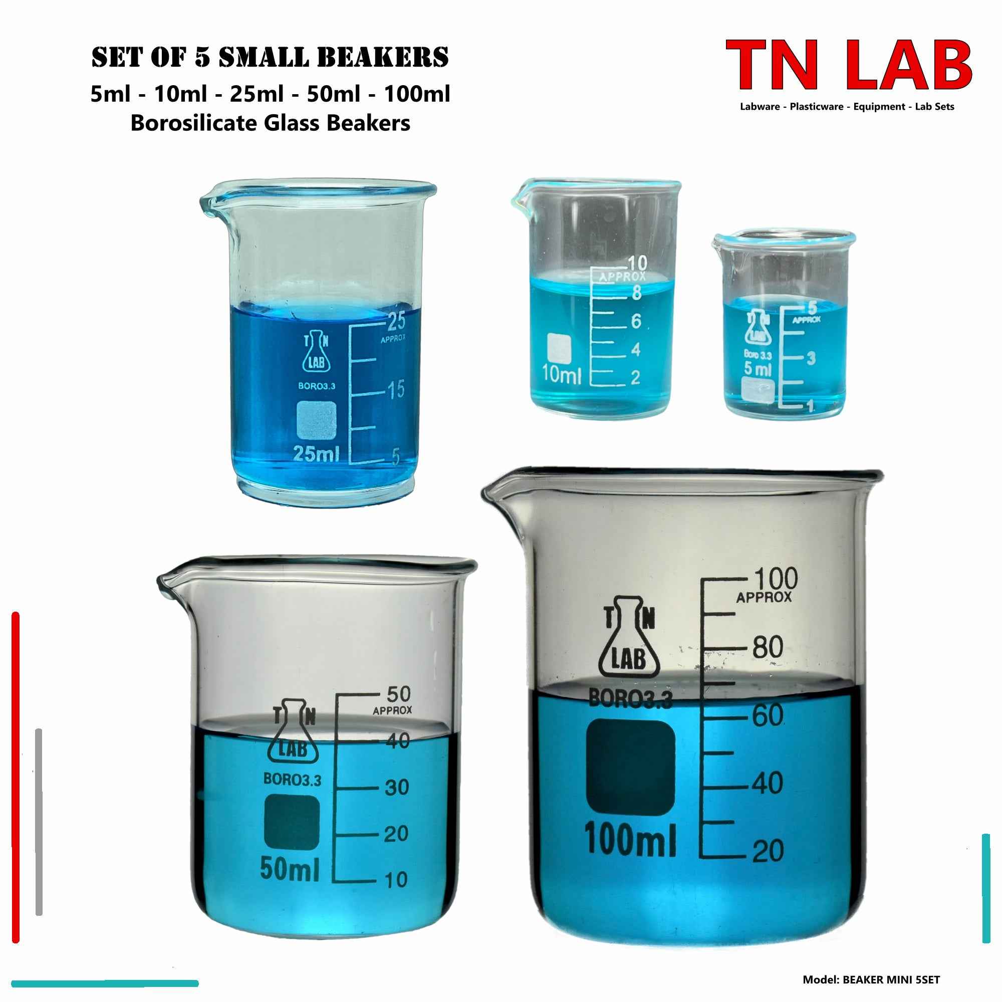 Beaker Set Borosilicate Glass 5 - Piece Small SET 5ml - 10ml - 25ml - 50ml - 100ml - TN LAB Supply