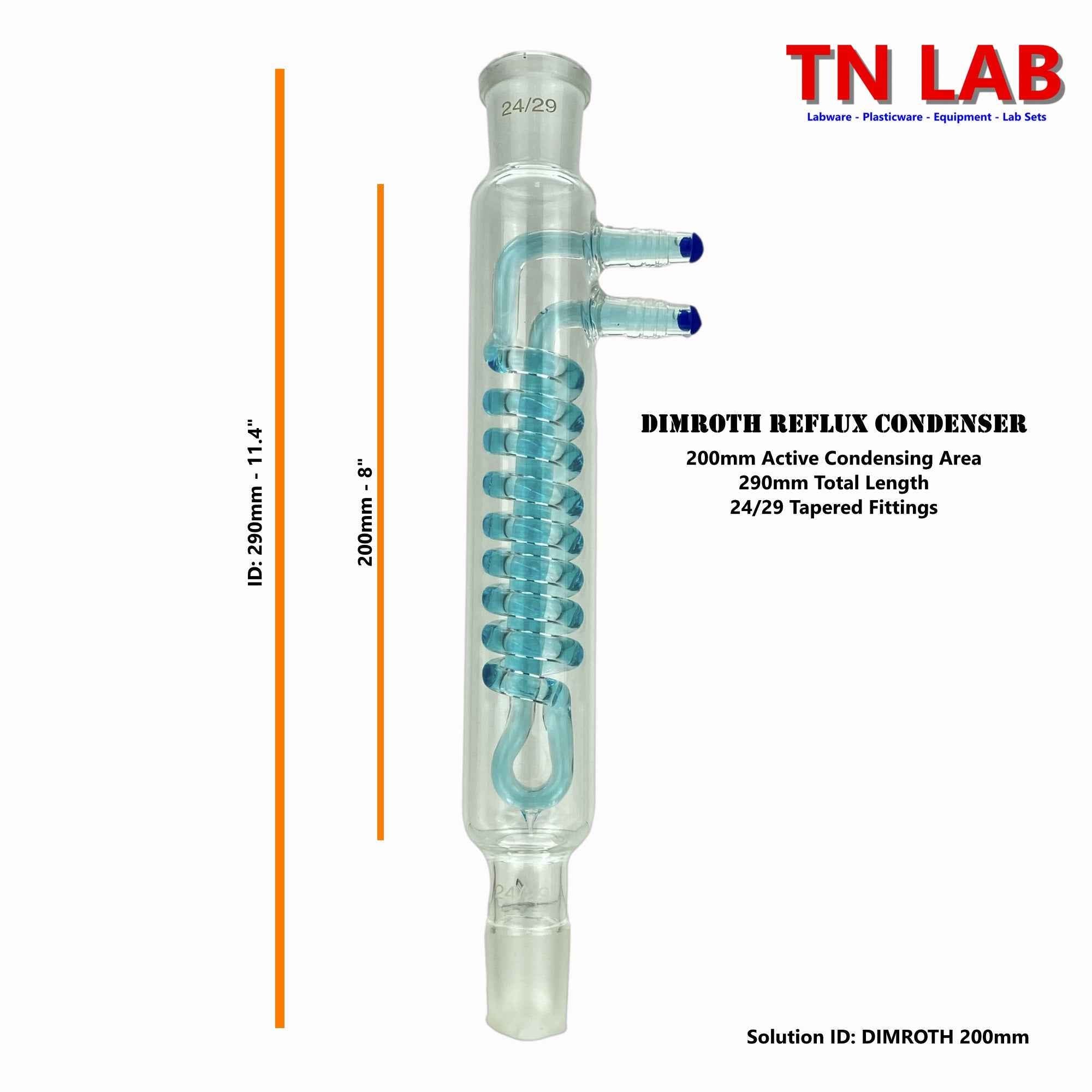 Condenser Dimroth Reflux - 290mm Overall Length - 200mm Active Condenser - Borosilicate Glass - TN LAB Supply