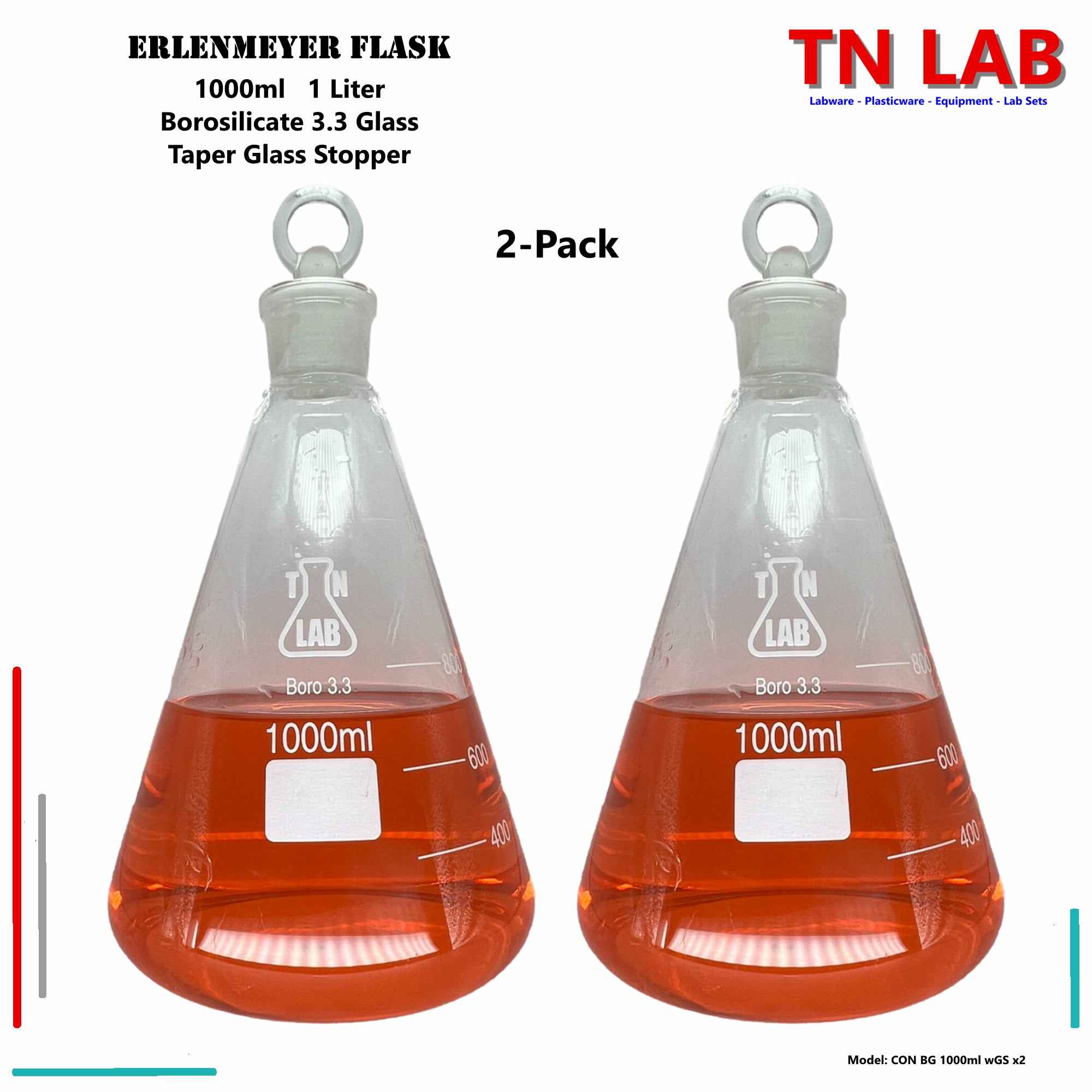 Erlenmeyer Flask 1000ml 1L Borosilicate 3.3 Glass with 24/25 Jointed Glass Stopper - TN LAB Supply