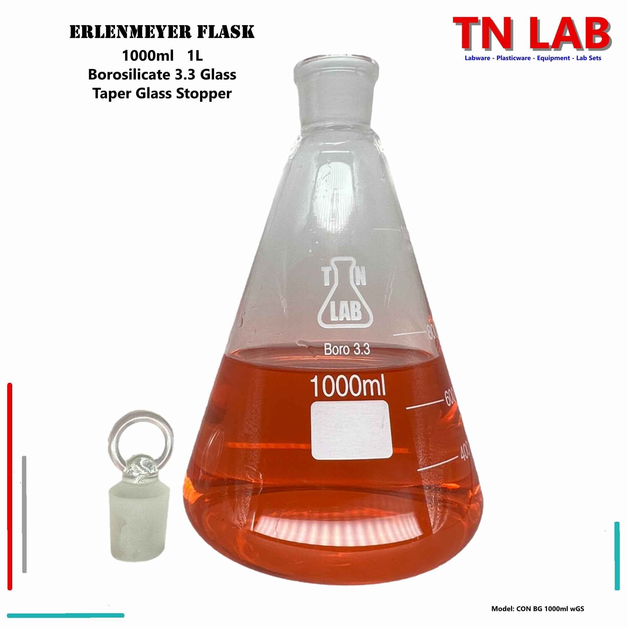 Erlenmeyer Flask 1000ml 1L Borosilicate 3.3 Glass with 24/25 Jointed Glass Stopper - TN LAB Supply
