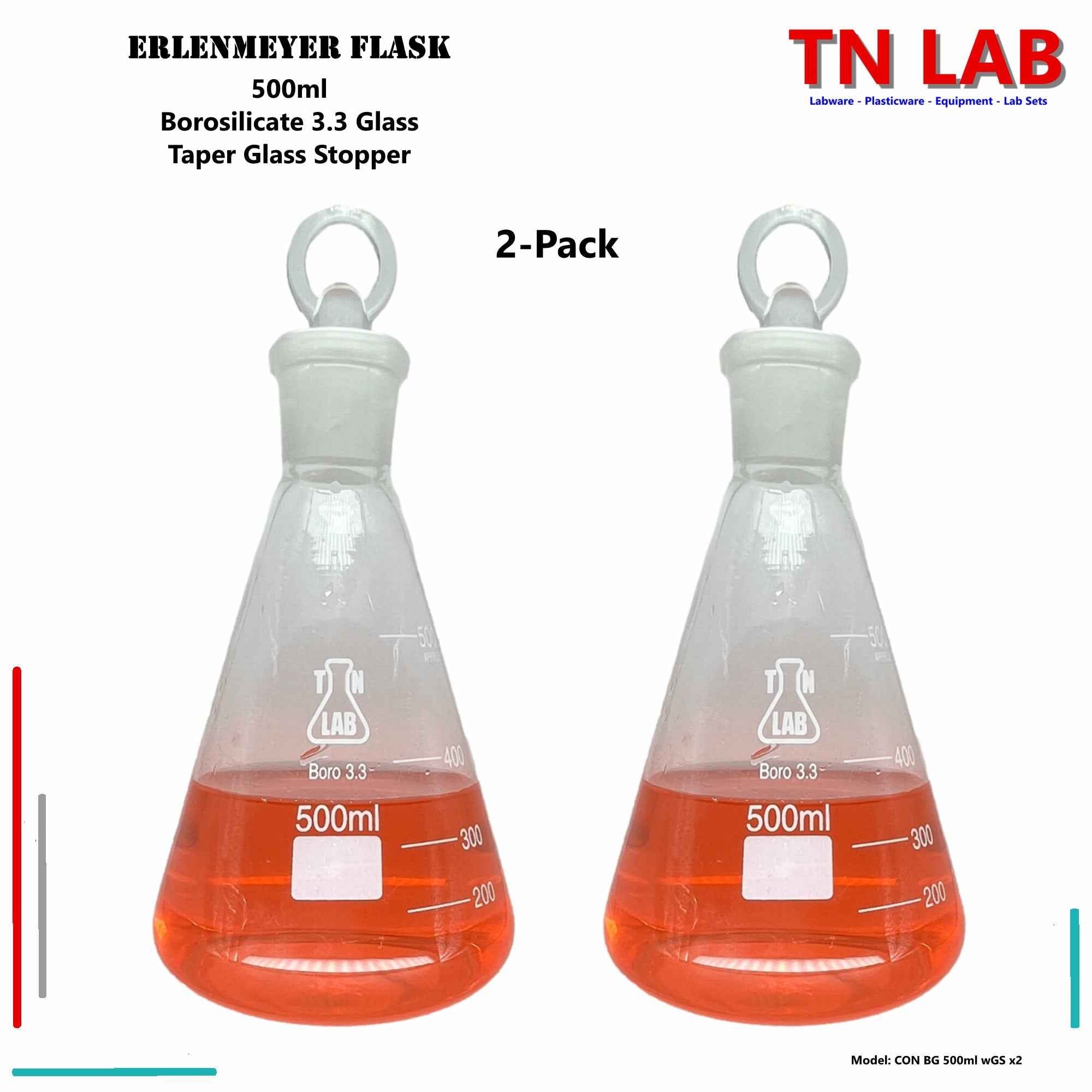 Erlenmeyer Flask 500ml Borosilicate 3.3 Glass with 24/25 Jointed Glass Stopper - TN LAB Supply