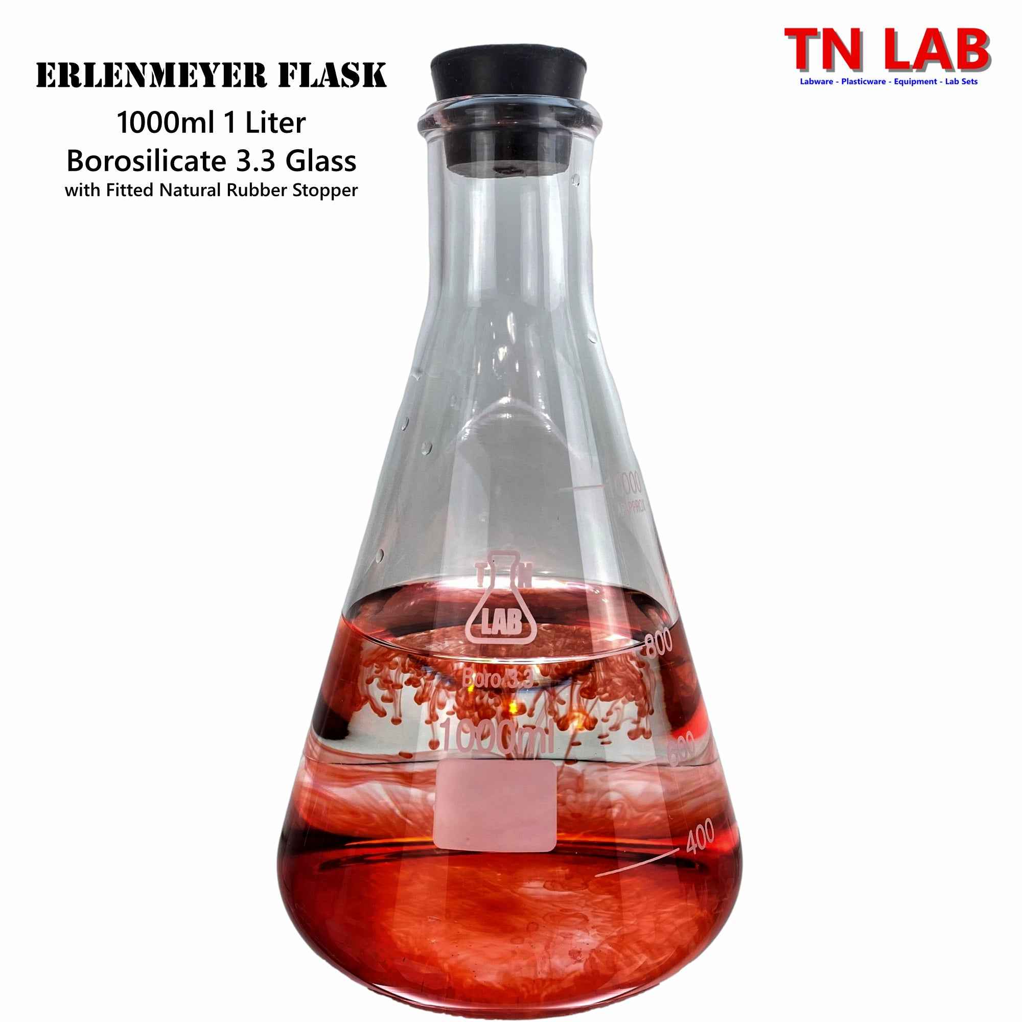 Erlenmeyer Flask Borosilicate 3.3 Glass 1000ml 1L w - Rubber Stopper - TN LAB Supply