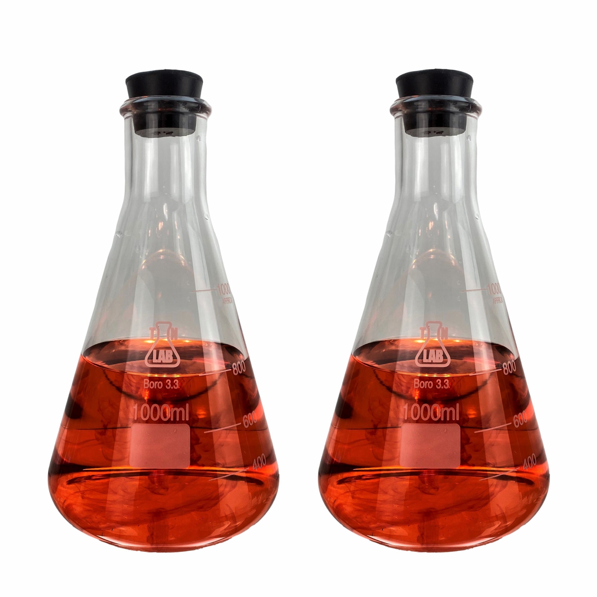 Erlenmeyer Flask Borosilicate 3.3 Glass 1000ml 1L w - Rubber Stopper - TN LAB Supply