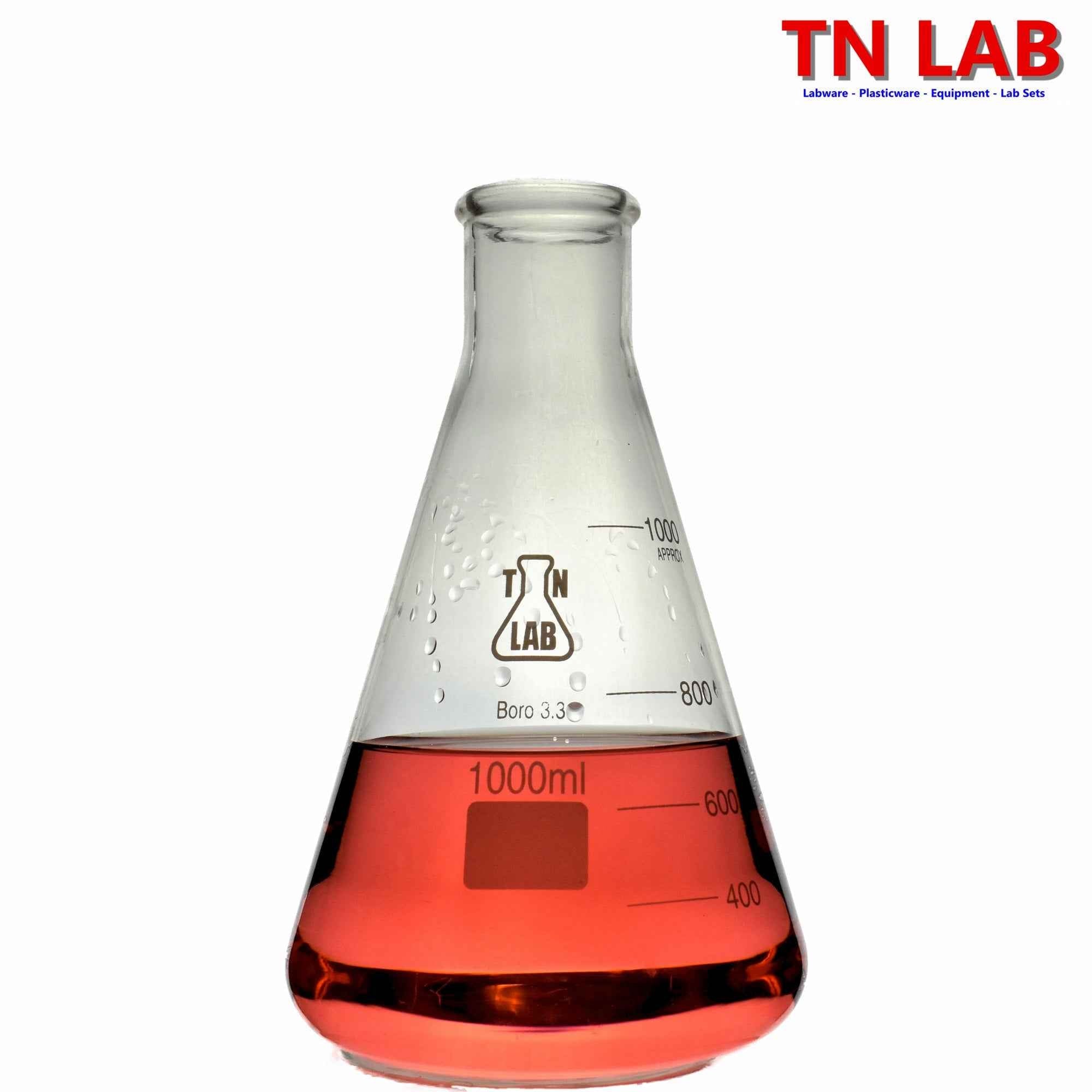 Erlenmeyer Flask Borosilicate 3.3 Glass 1000ml 1L w - Rubber Stopper - TN LAB Supply