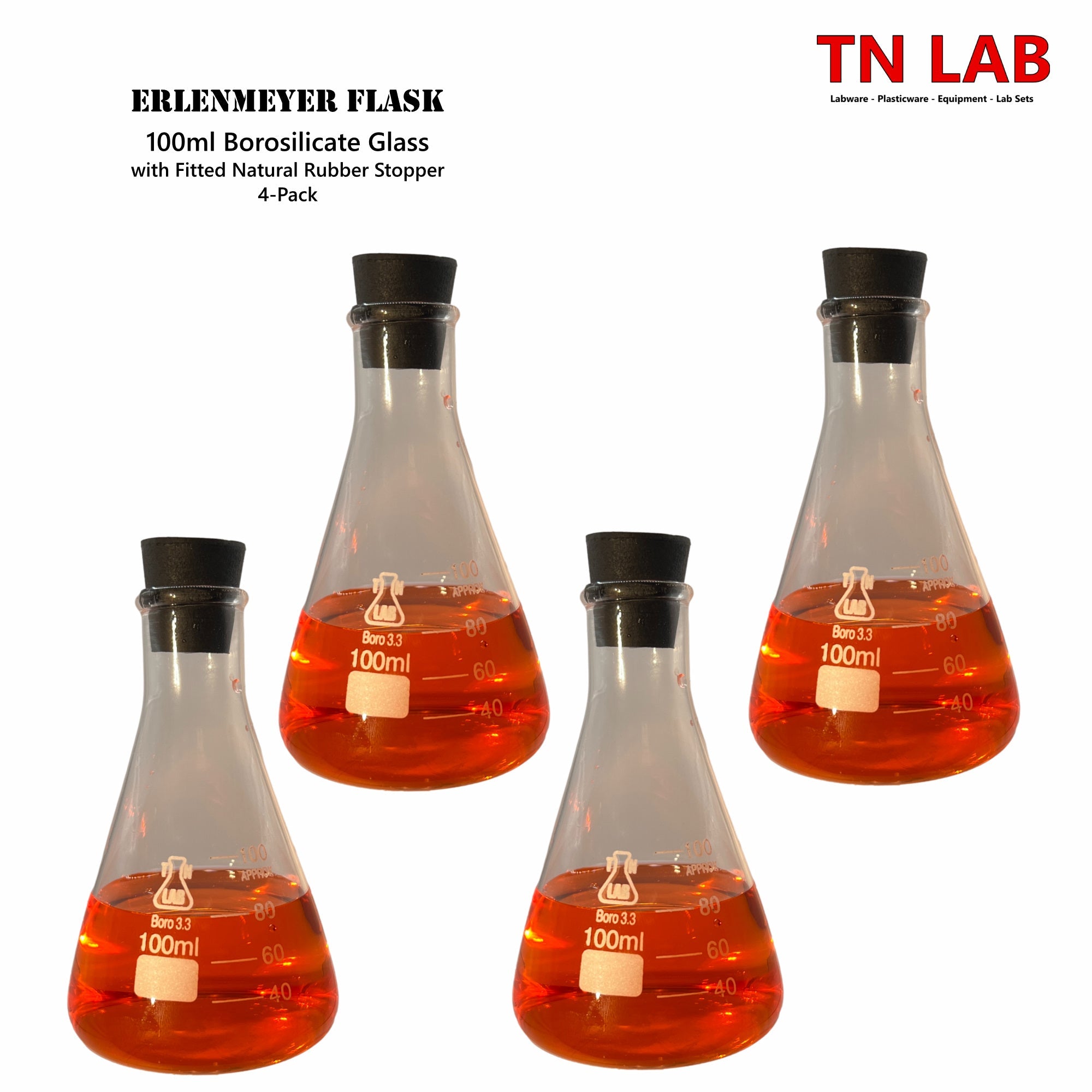 Erlenmeyer Flask Borosilicate 3.3 Glass 100ml w - Rubber Stopper - TN LAB Supply