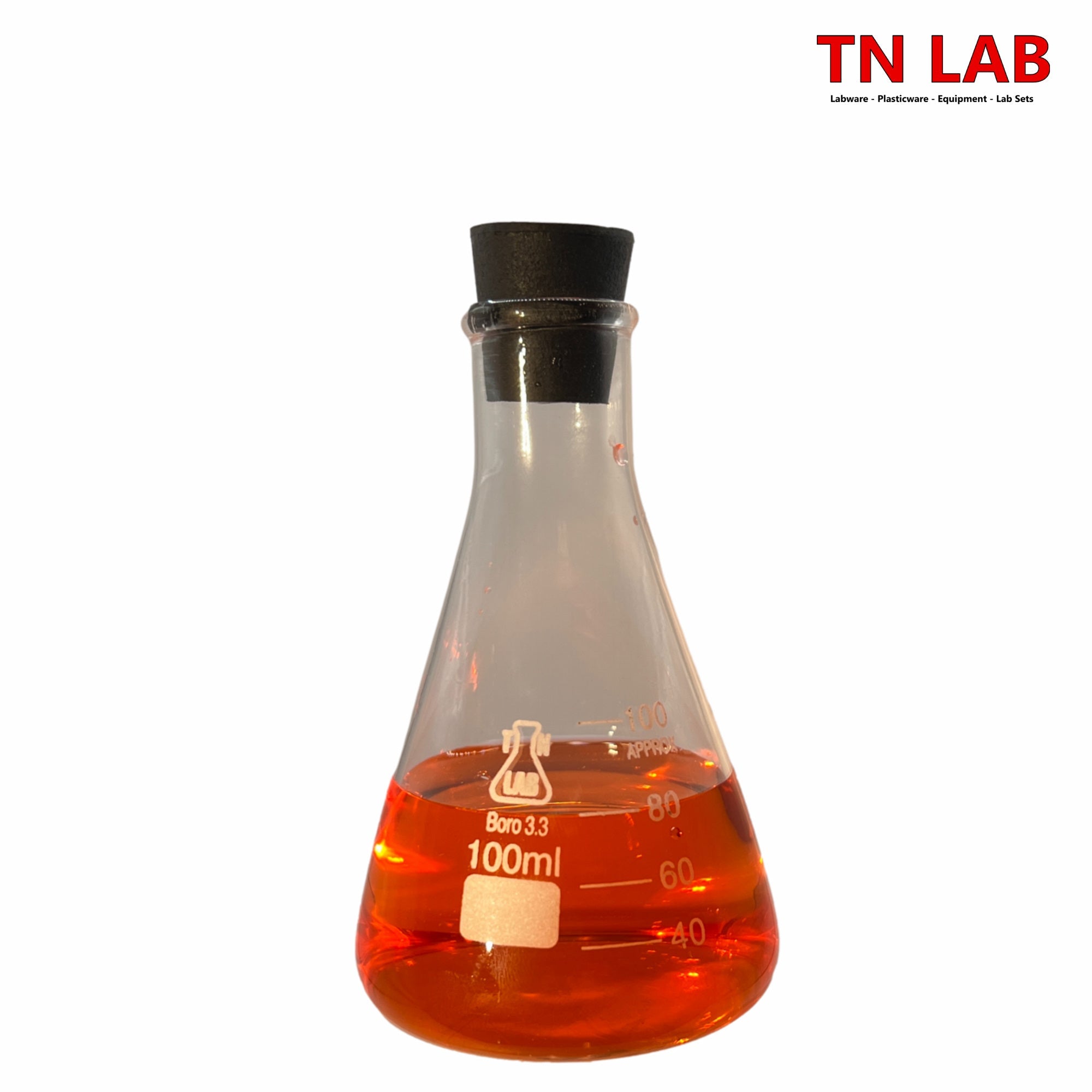 Erlenmeyer Flask Borosilicate 3.3 Glass 100ml w - Rubber Stopper - TN LAB Supply