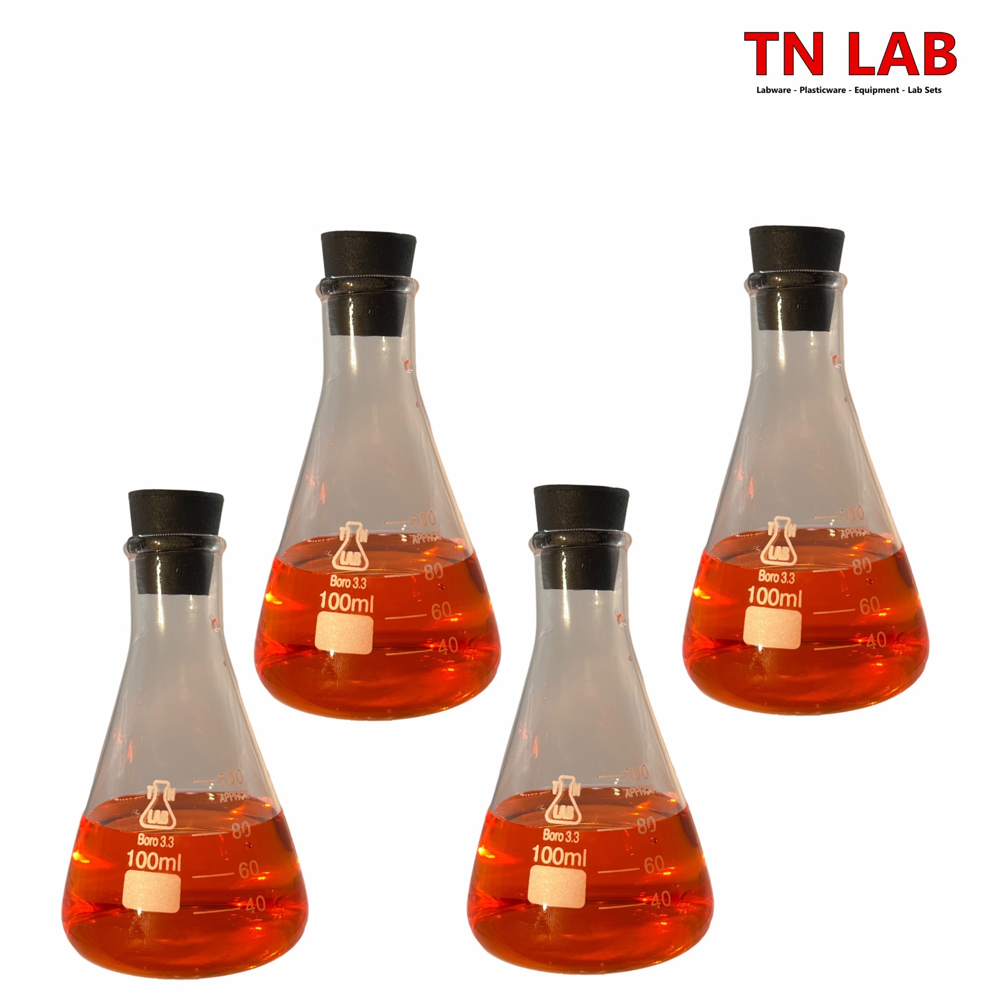 Erlenmeyer Flask Borosilicate 3.3 Glass 100ml w - Rubber Stopper - TN LAB Supply