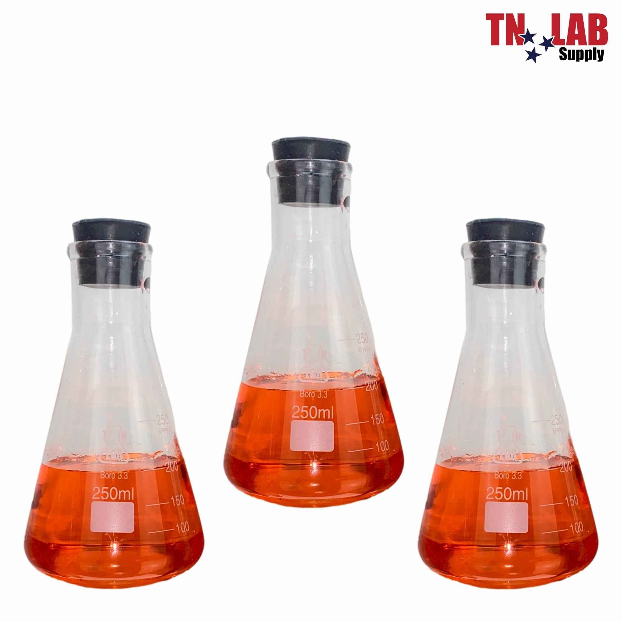 Erlenmeyer Flask Borosilicate 3.3 Glass 250ml w - Rubber Stopper - TN LAB Supply