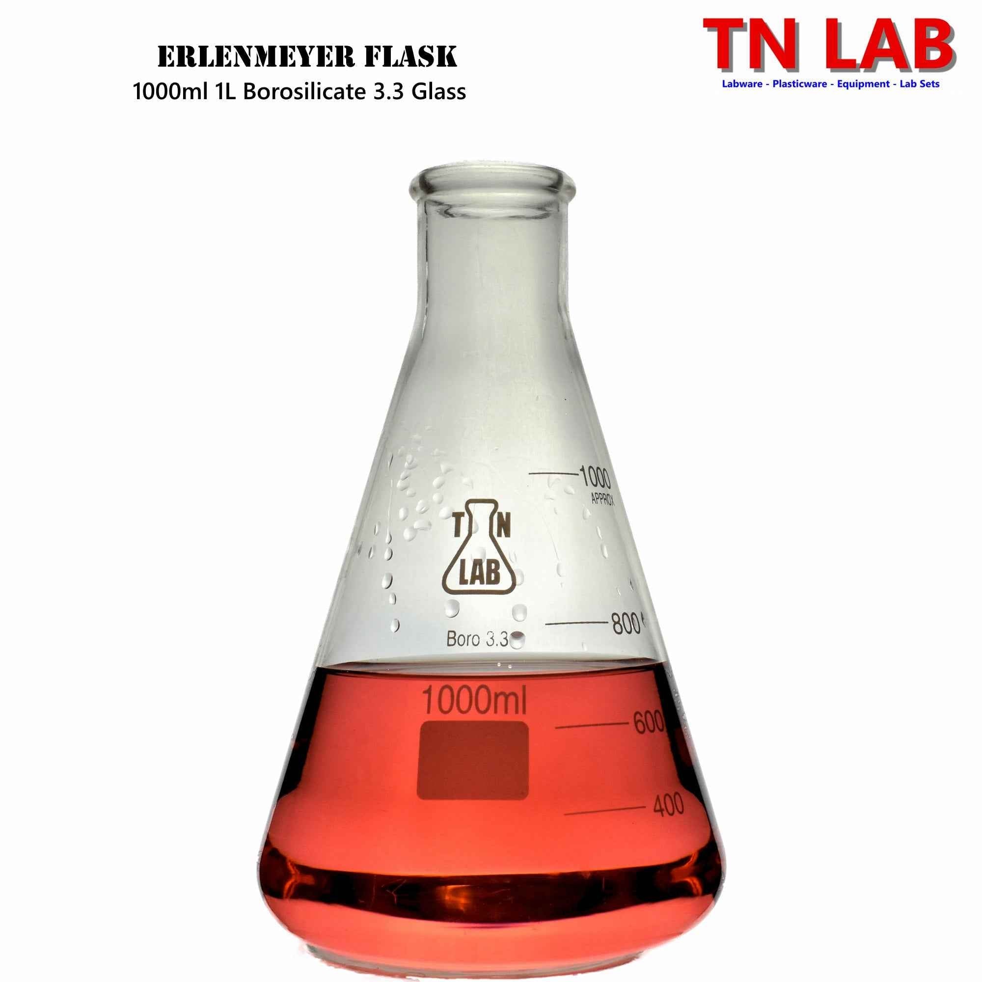 Erlenmeyer Flask Borosilicate Glass Conical Flask 1000ml 1L - TN LAB Supply