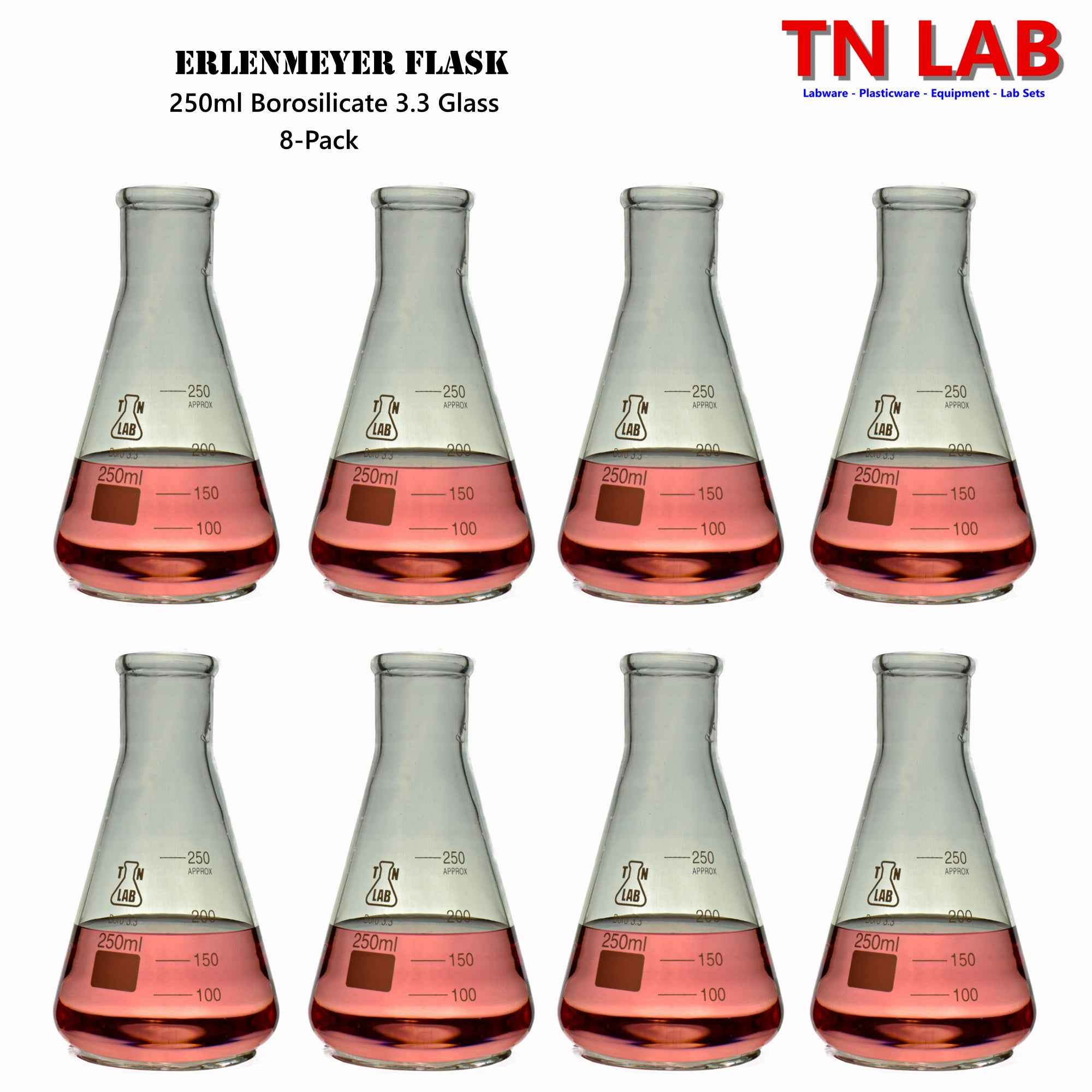 Erlenmeyer Flask Borosilicate Glass Conical Flask 250ml 4 - Pack & 8 - Pack - TN LAB Supply