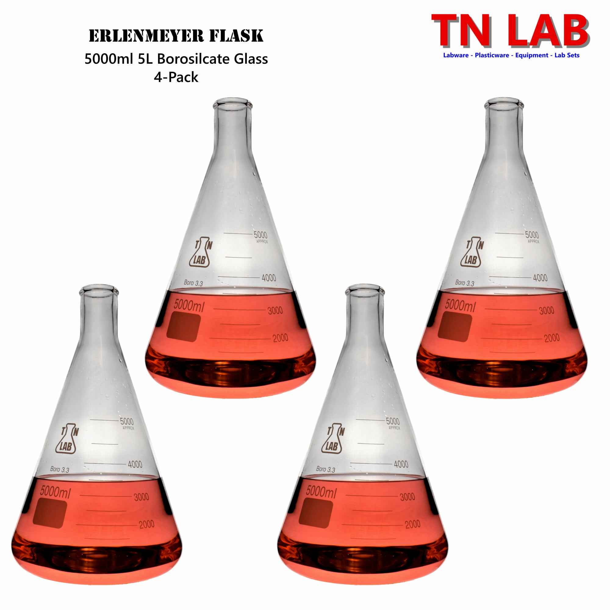 Erlenmeyer Flask Borosilicate Glass Conical Flask 5000ml 5L - TN LAB Supply