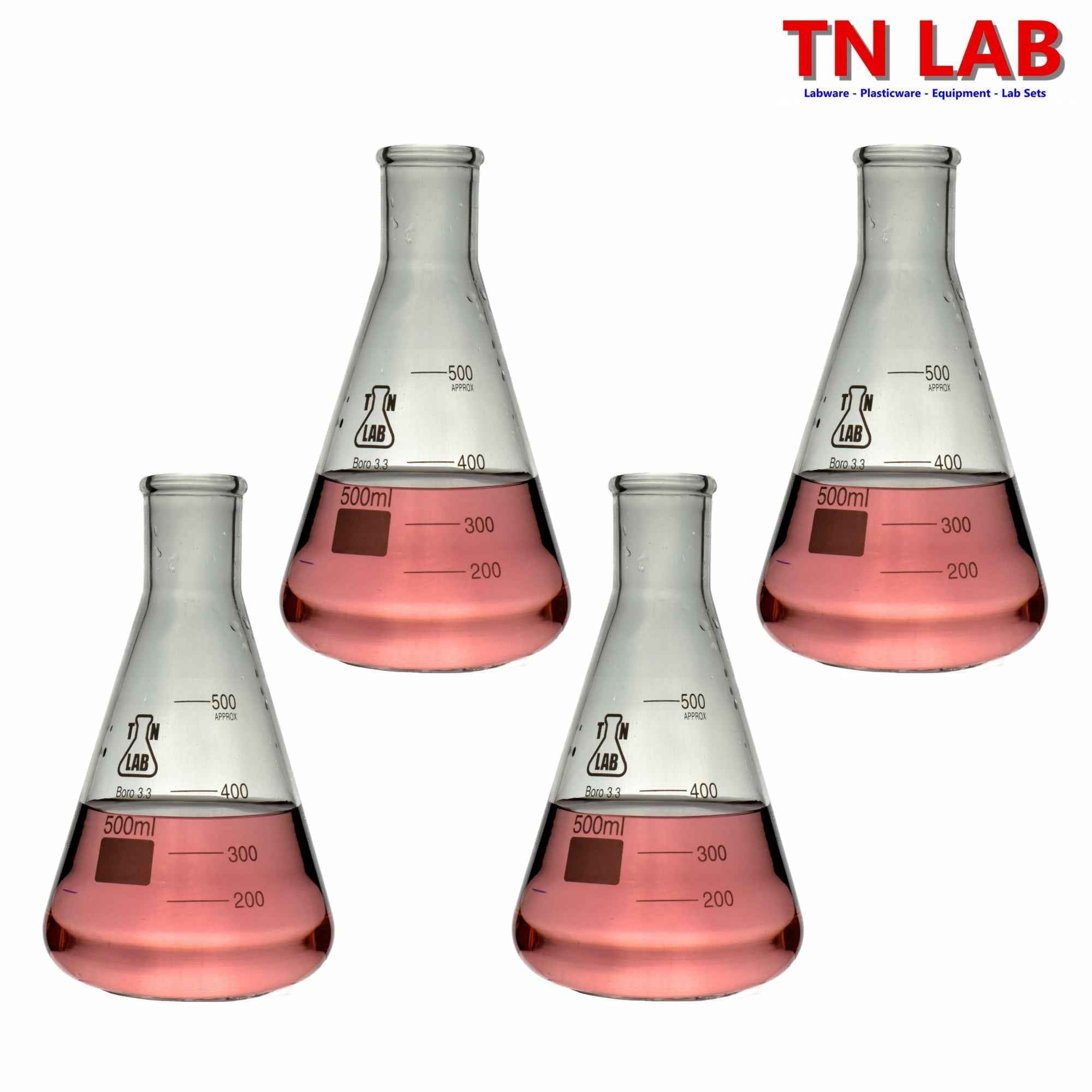 Erlenmeyer Flask Borosilicate Glass Conical Flask 500ml 4 - Pack & 8 - Pack - TN LAB Supply