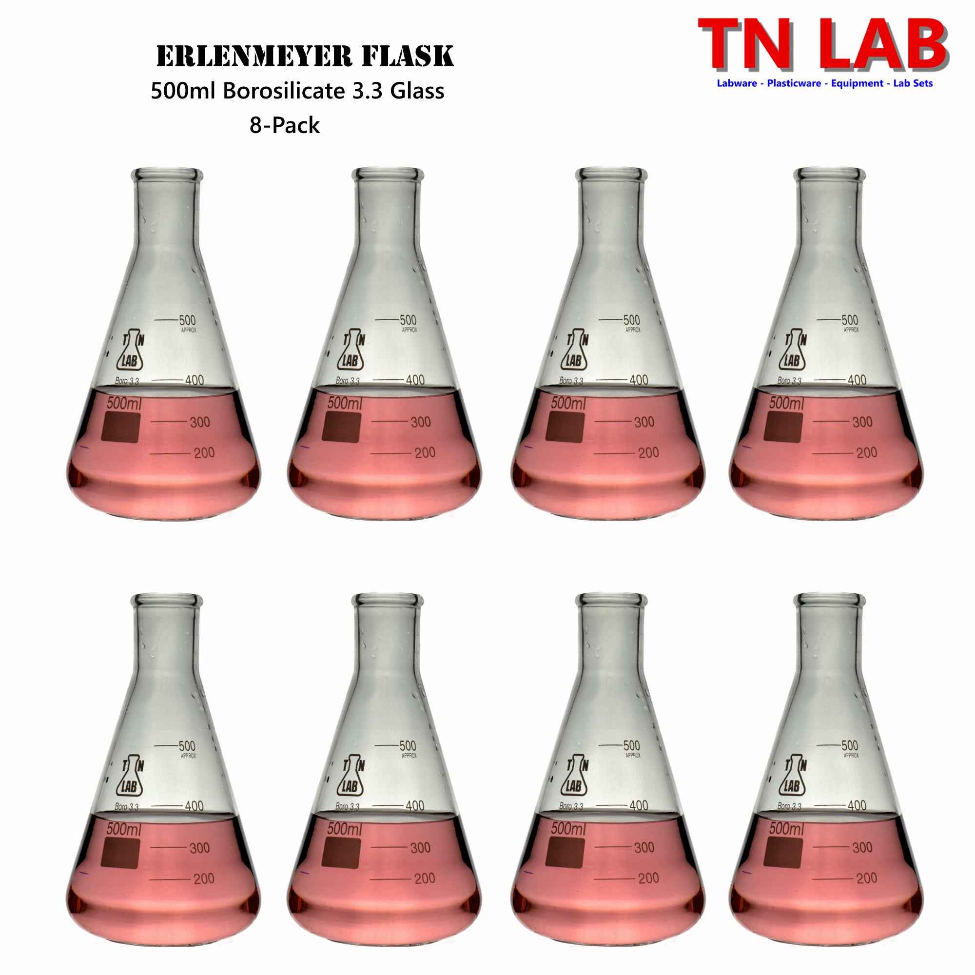 Erlenmeyer Flask Borosilicate Glass Conical Flask 500ml 4 - Pack & 8 - Pack - TN LAB Supply