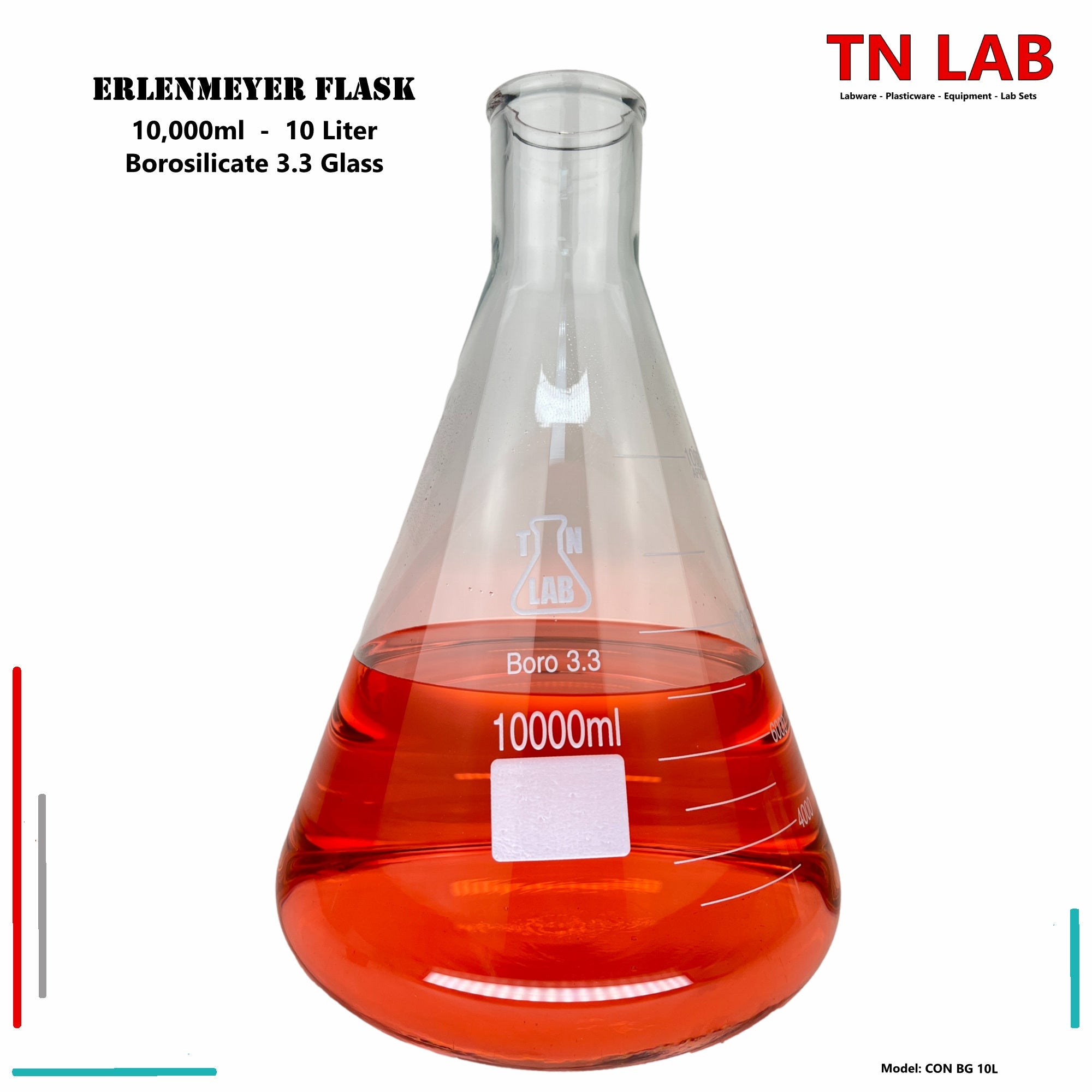 Erlenmeyer Flask Borosilicate Glass Conical Huge 10000ml 10L - TN LAB Supply