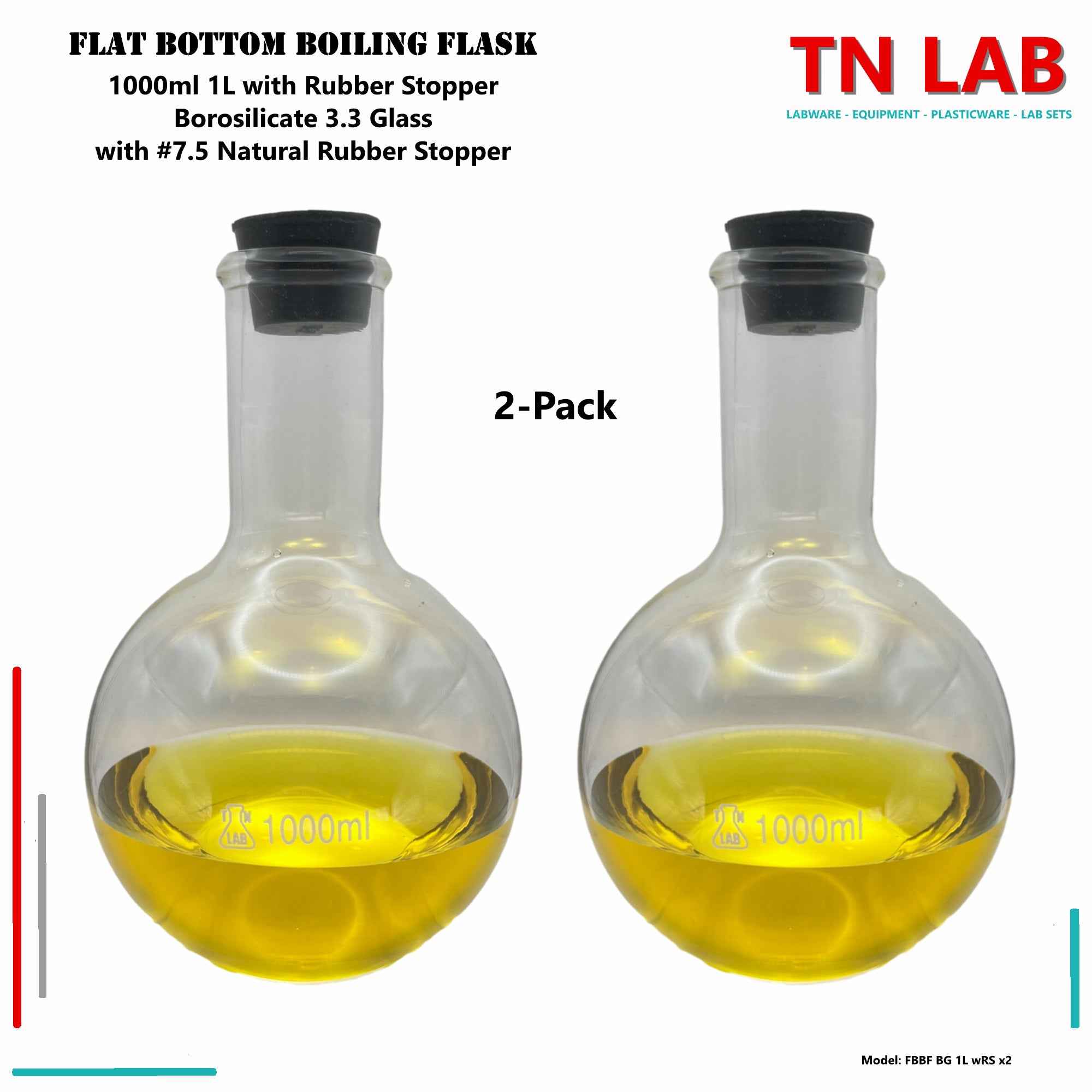 Flat Bottom Boiling Flask Florence Flask Borosilicate Glass 1000ml 1L with Rubber Stopper - TN LAB Supply