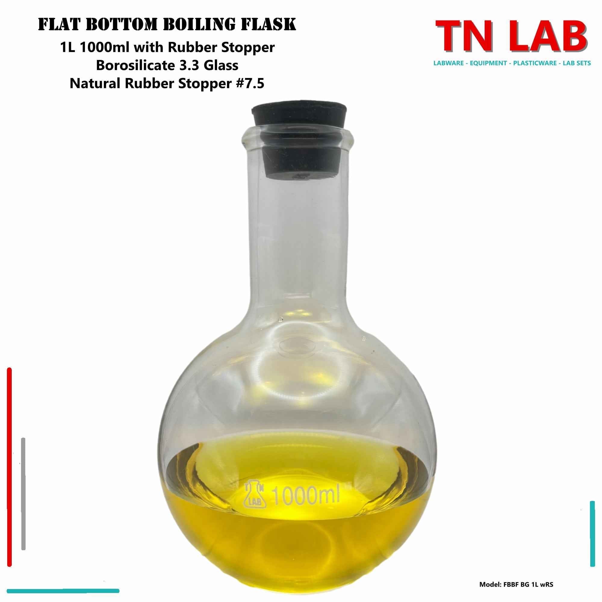 Flat Bottom Boiling Flask Florence Flask Borosilicate Glass 1000ml 1L with Rubber Stopper - TN LAB Supply