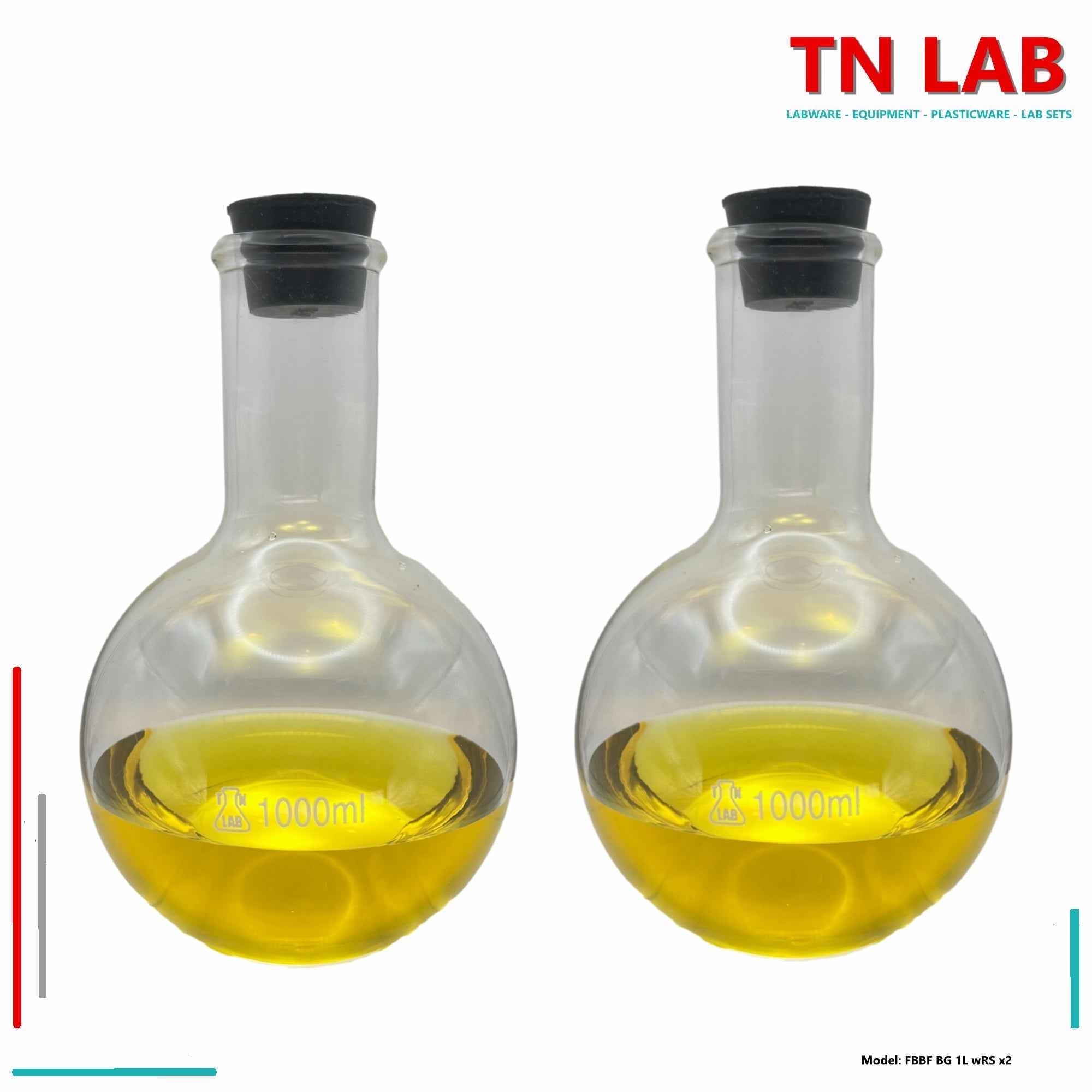 Flat Bottom Boiling Flask Florence Flask Borosilicate Glass 1000ml 1L with Rubber Stopper - TN LAB Supply