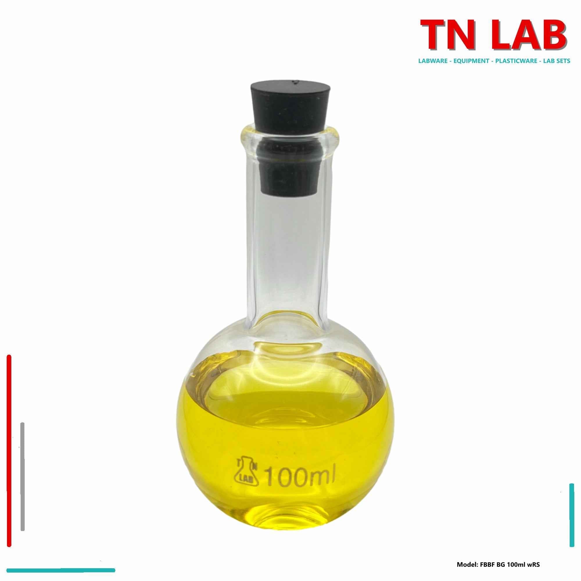 Flat Bottom Boiling Flask Florence Flask Borosilicate Glass 100ml with Rubber Stopper - TN LAB Supply