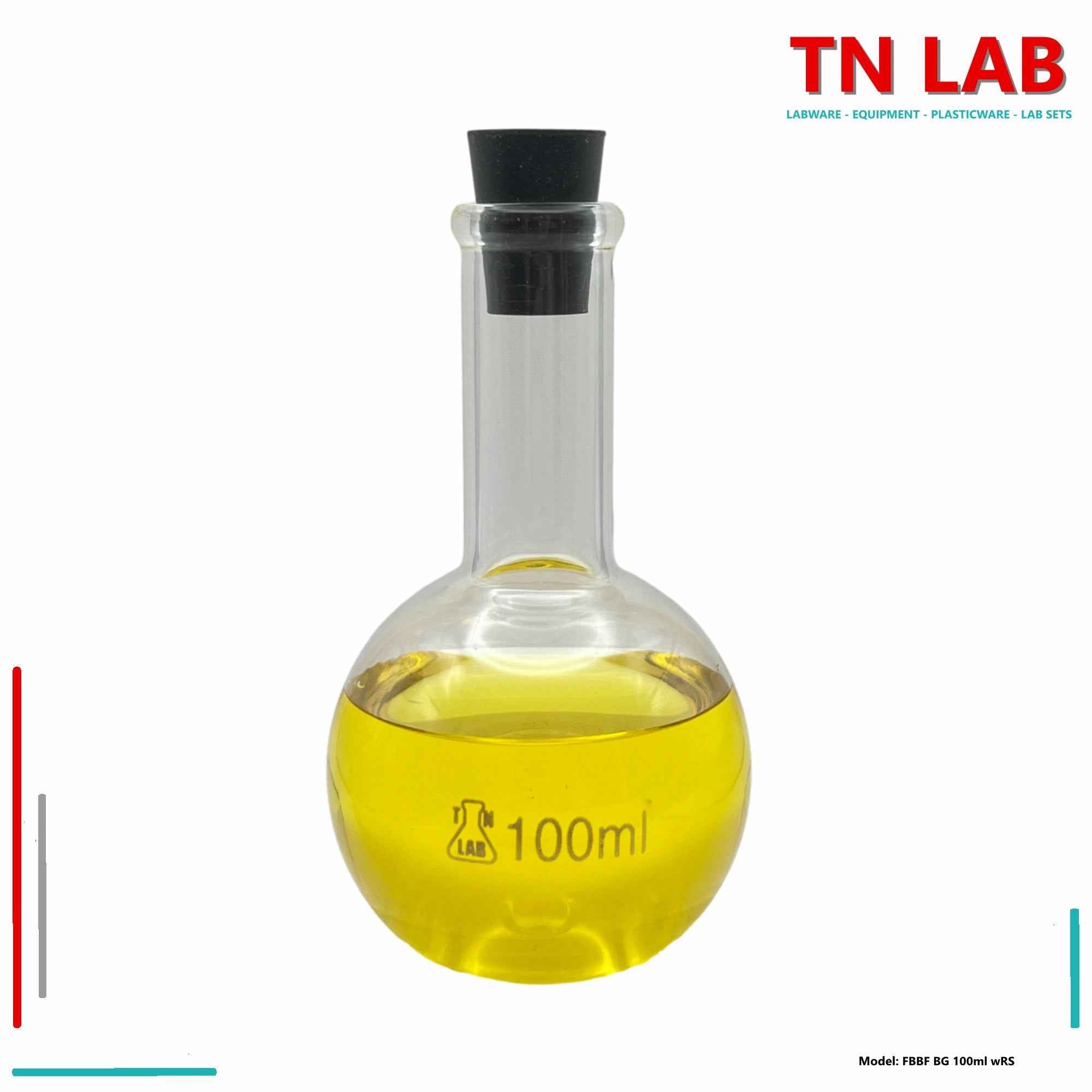 Flat Bottom Boiling Flask Florence Flask Borosilicate Glass 100ml with Rubber Stopper - TN LAB Supply