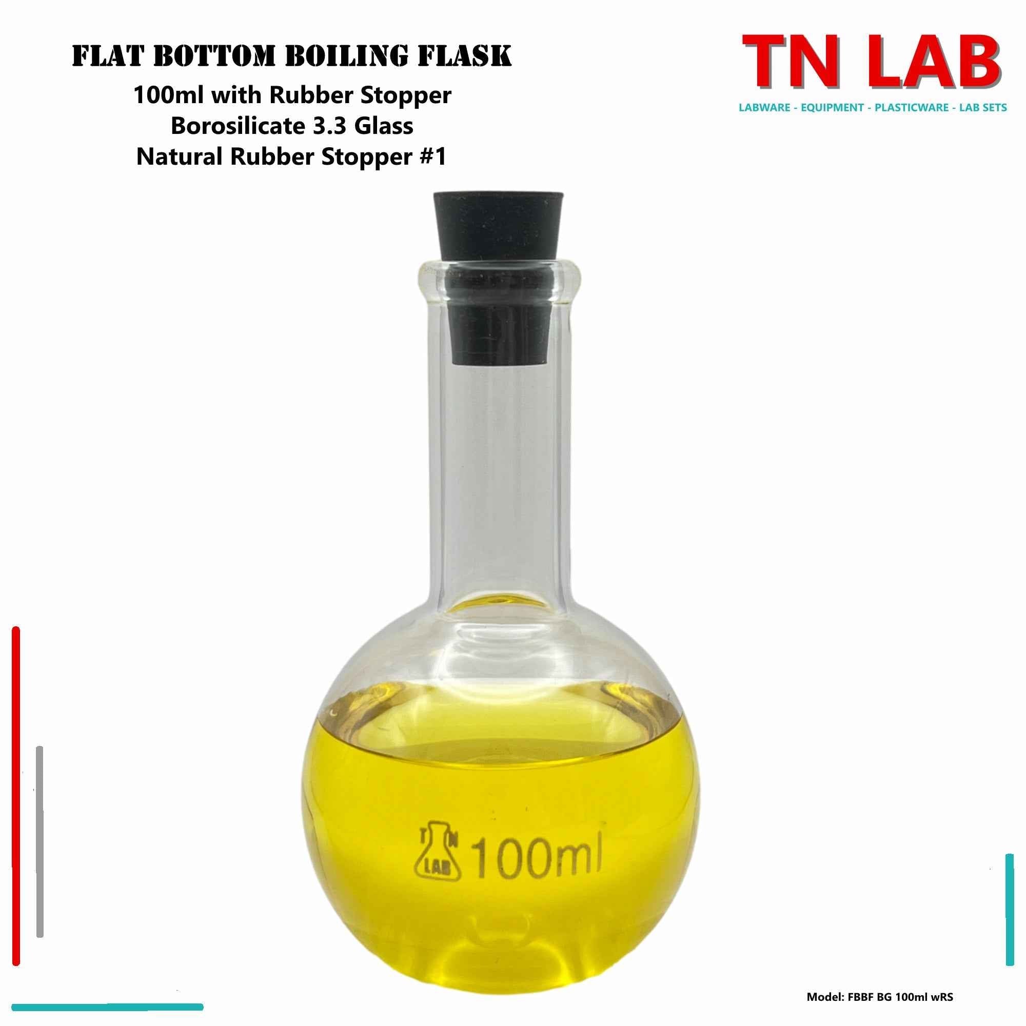 Flat Bottom Boiling Flask Florence Flask Borosilicate Glass 100ml with Rubber Stopper - TN LAB Supply